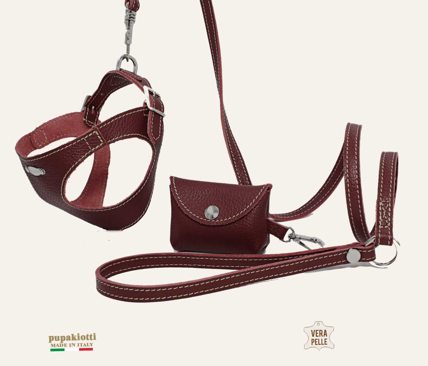 Basic. Set 3 pezzi. Pettorina Bustier e guinzaglio con porta sacchetti in pelle per cane