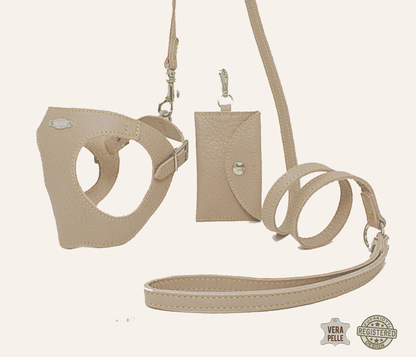 Basic. Set 3 pezzi. Pettorina Bustier e guinzaglio con porta sacchetti in pelle per cane