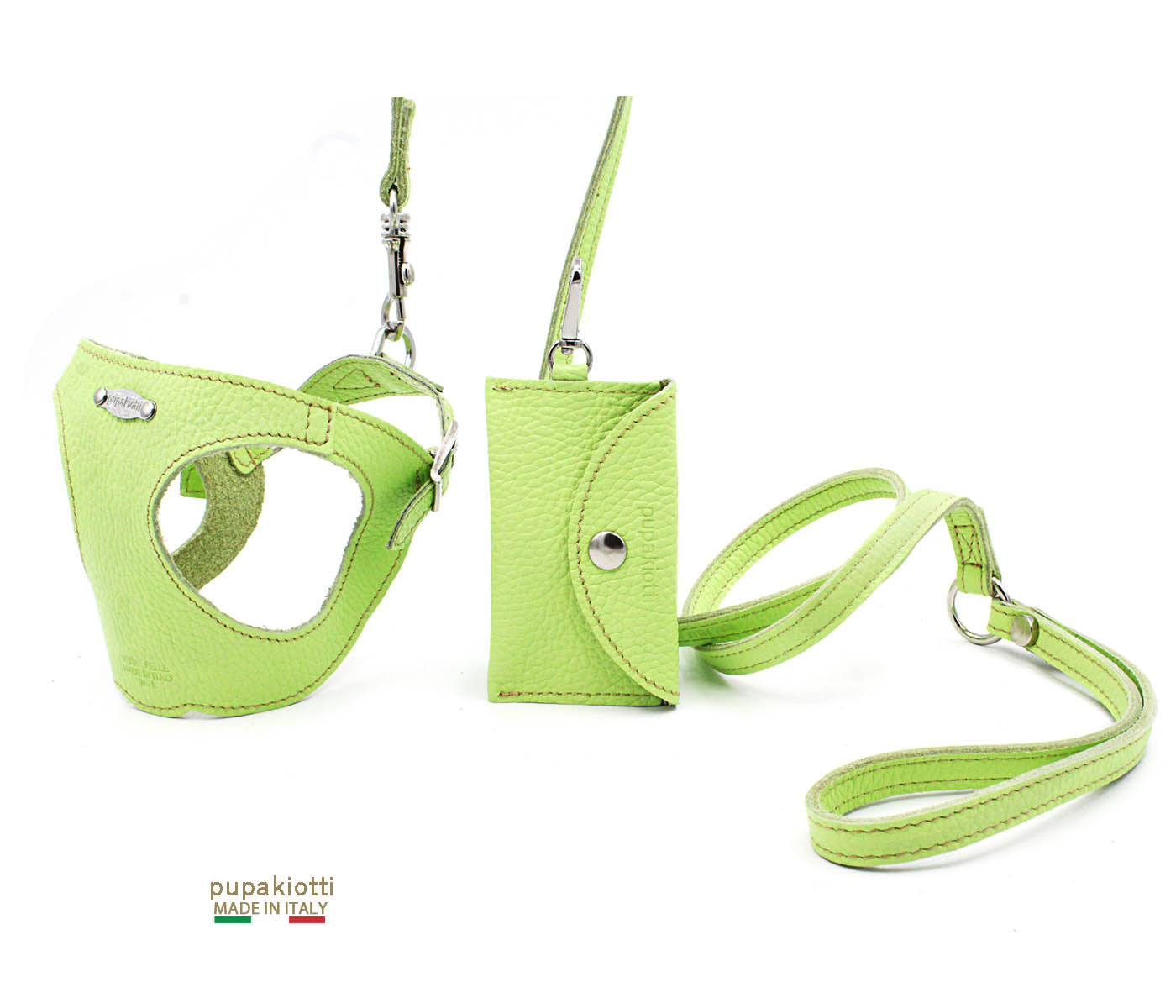 Basic. Set 3 pcs. Leather harness and leash with waste bags dispenser