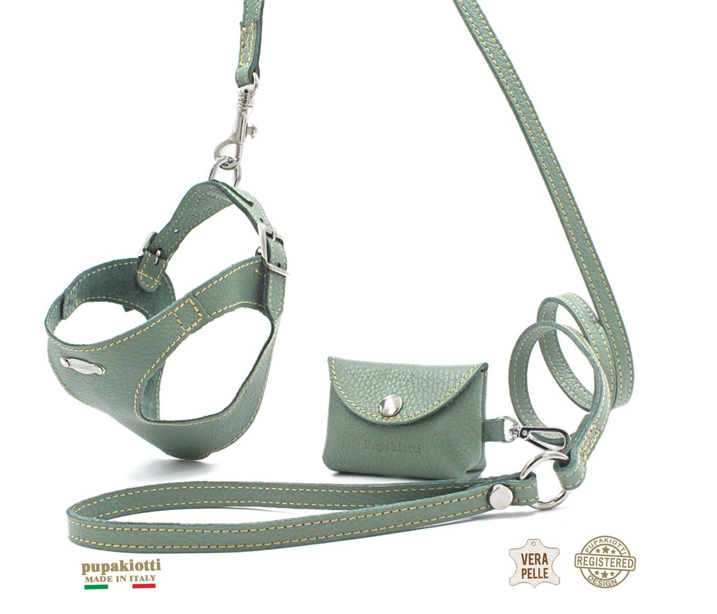 Basic. Set 3 pezzi. Pettorina Bustier e guinzaglio con porta sacchetti in pelle per cane