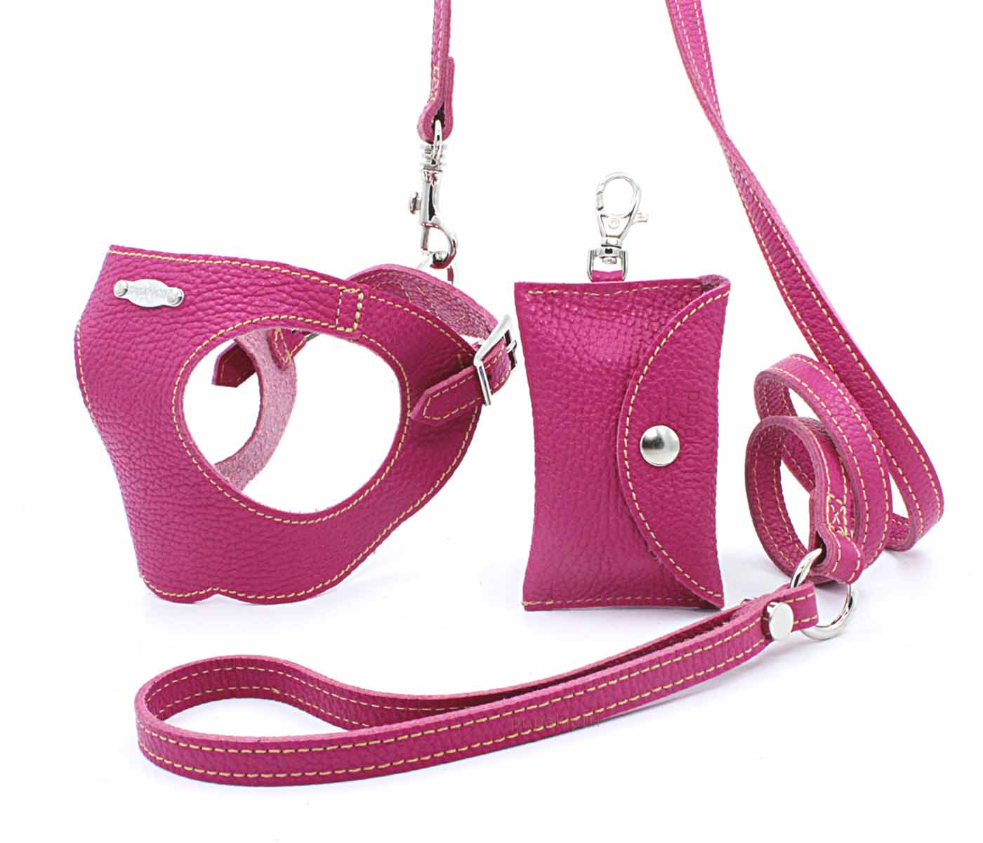 Basic. Set 3 pcs. Leather harness and leash with waste bags dispenser