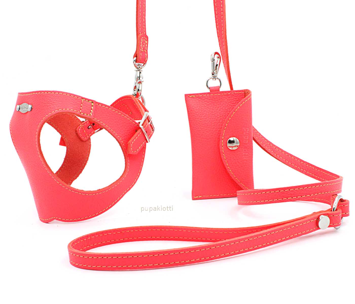 Basic. Set 3 pcs. Leather harness and leash with waste bags dispenser