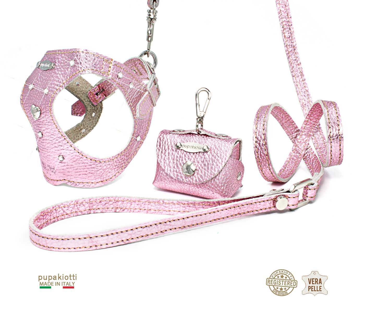 GLAM Swarovski. 3-piece set. Harness and leash with bag holder in leather for dog