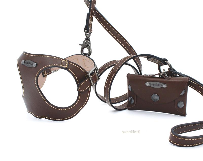 PREMIUM. SET 3 pieces. Leather harness and leash with poop bags dispenser for dog