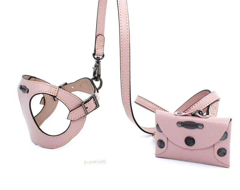 PREMIUM. SET 3 pieces. Leather harness and leash with poop bags dispenser for dog