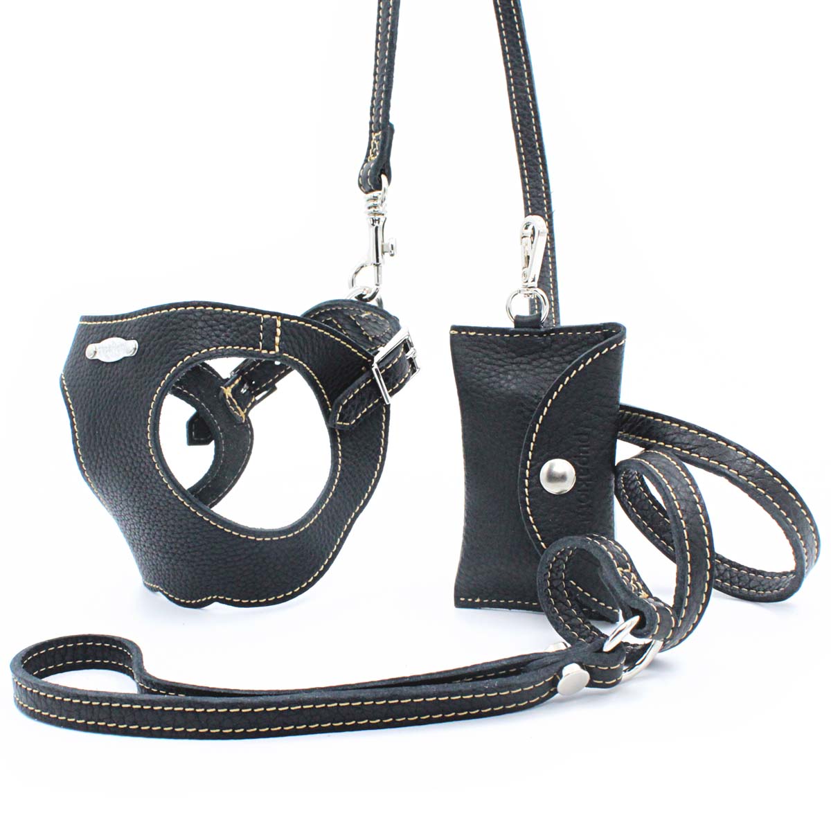 Basic. 3 pieces set. Leather Harness and leash with poop bags dispenser for dogs