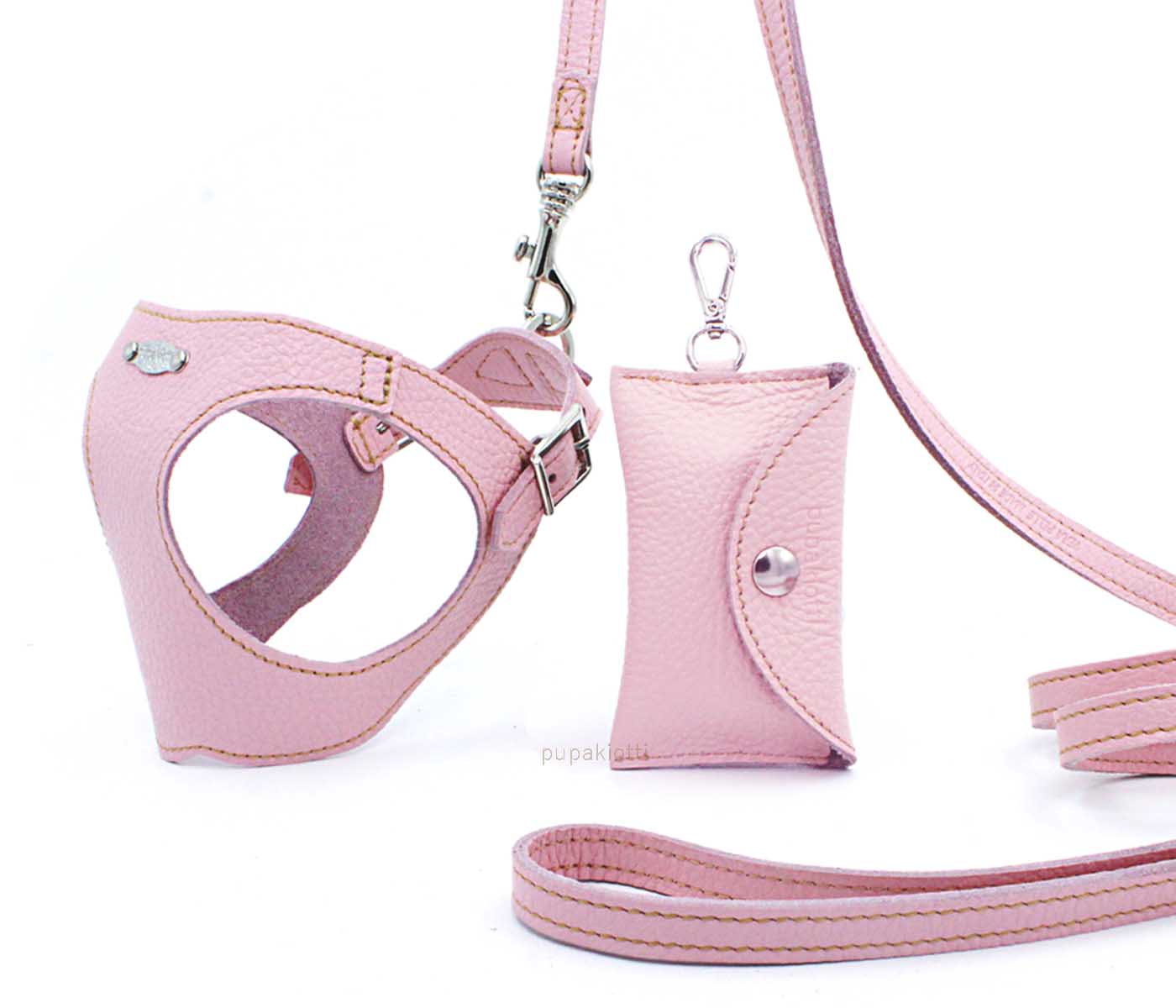 Basic. Set 3 pcs. Leather harness and leash with waste bags dispenser