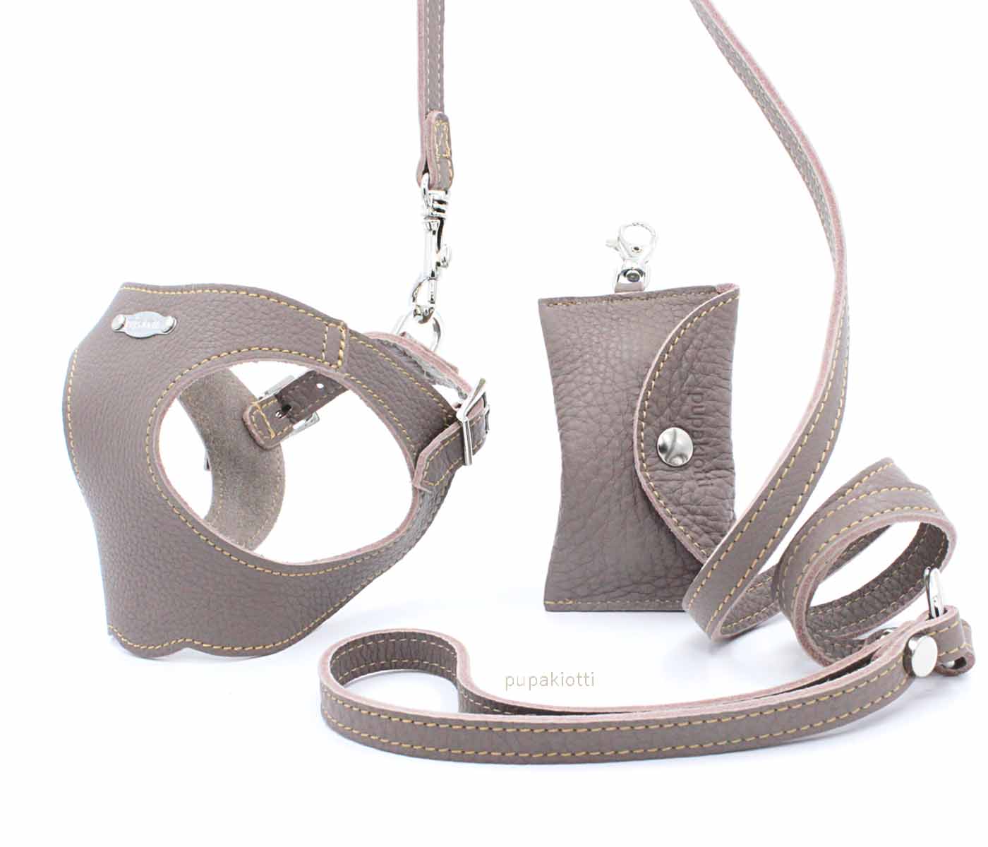 Basic. Set 3 pcs. Leather harness and leash with waste bags dispenser