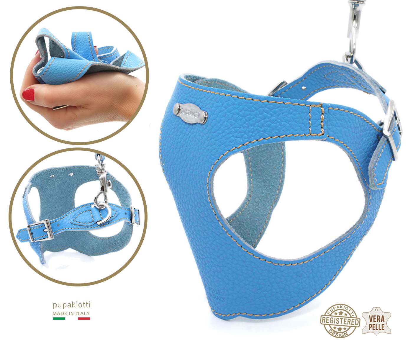 Basic. Set 3 pcs. Leather harness and leash with waste bags dispenser