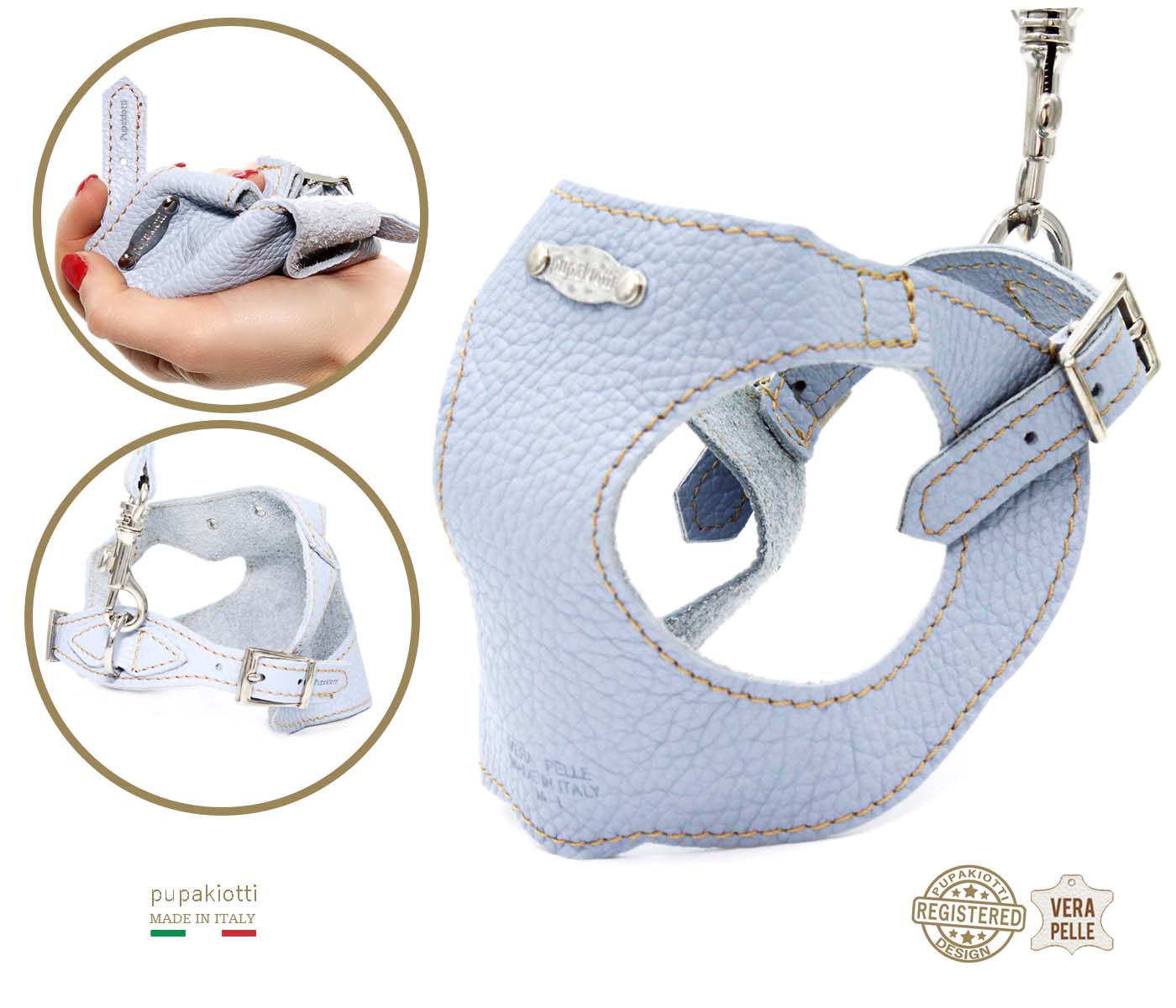 Basic. Set 3 pcs. Leather harness and leash with waste bags dispenser
