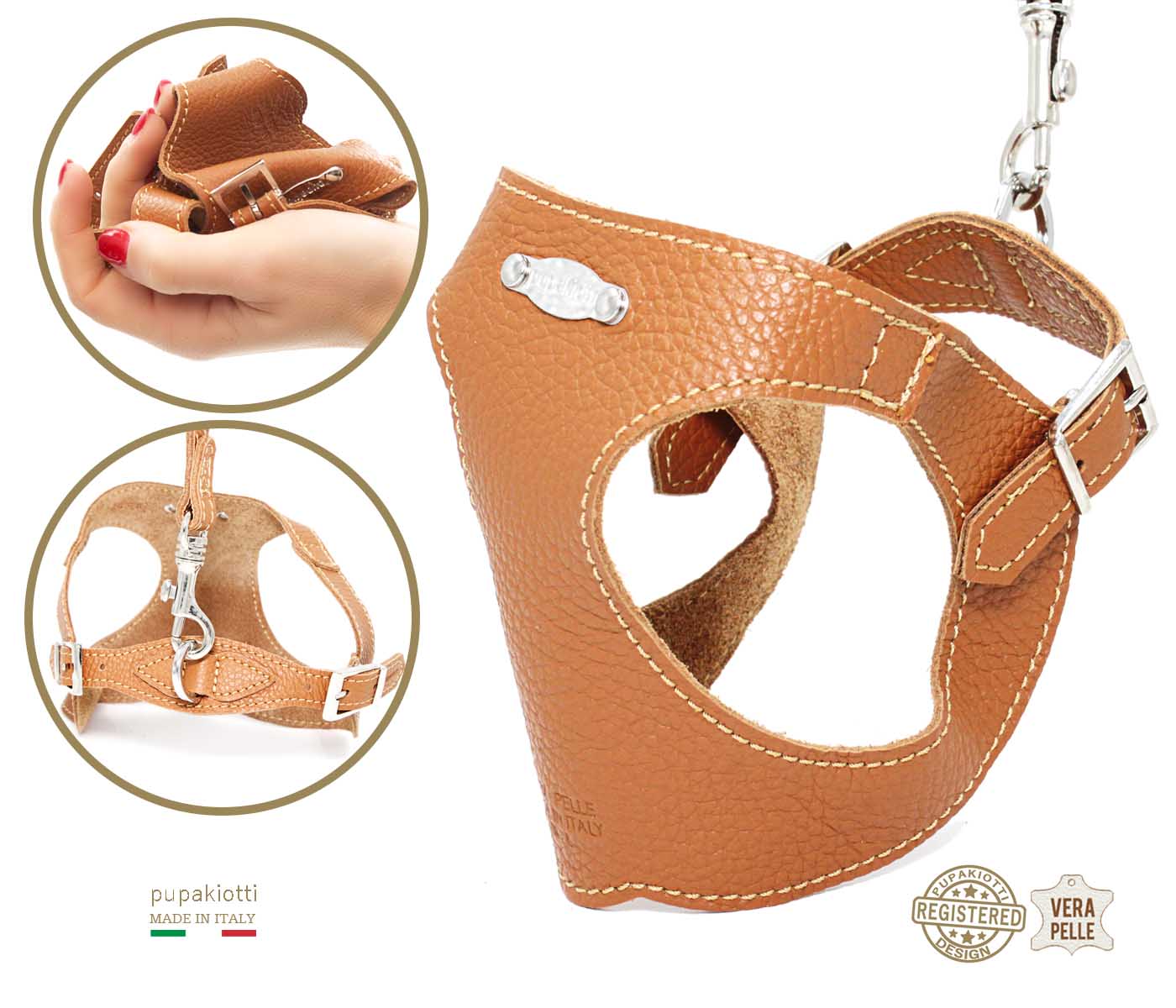 Basic. Set 3 pcs. Leather harness and leash with waste bags dispenser