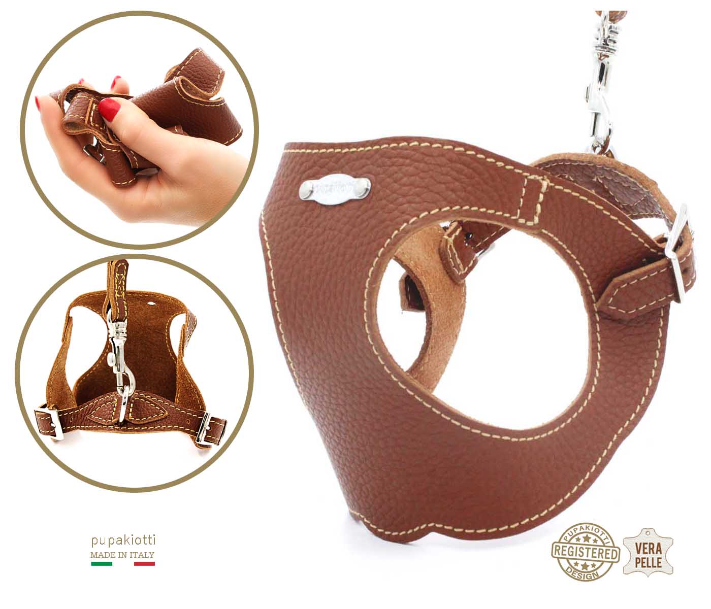 Basic. Set 3 pcs. Leather harness and leash with waste bags dispenser