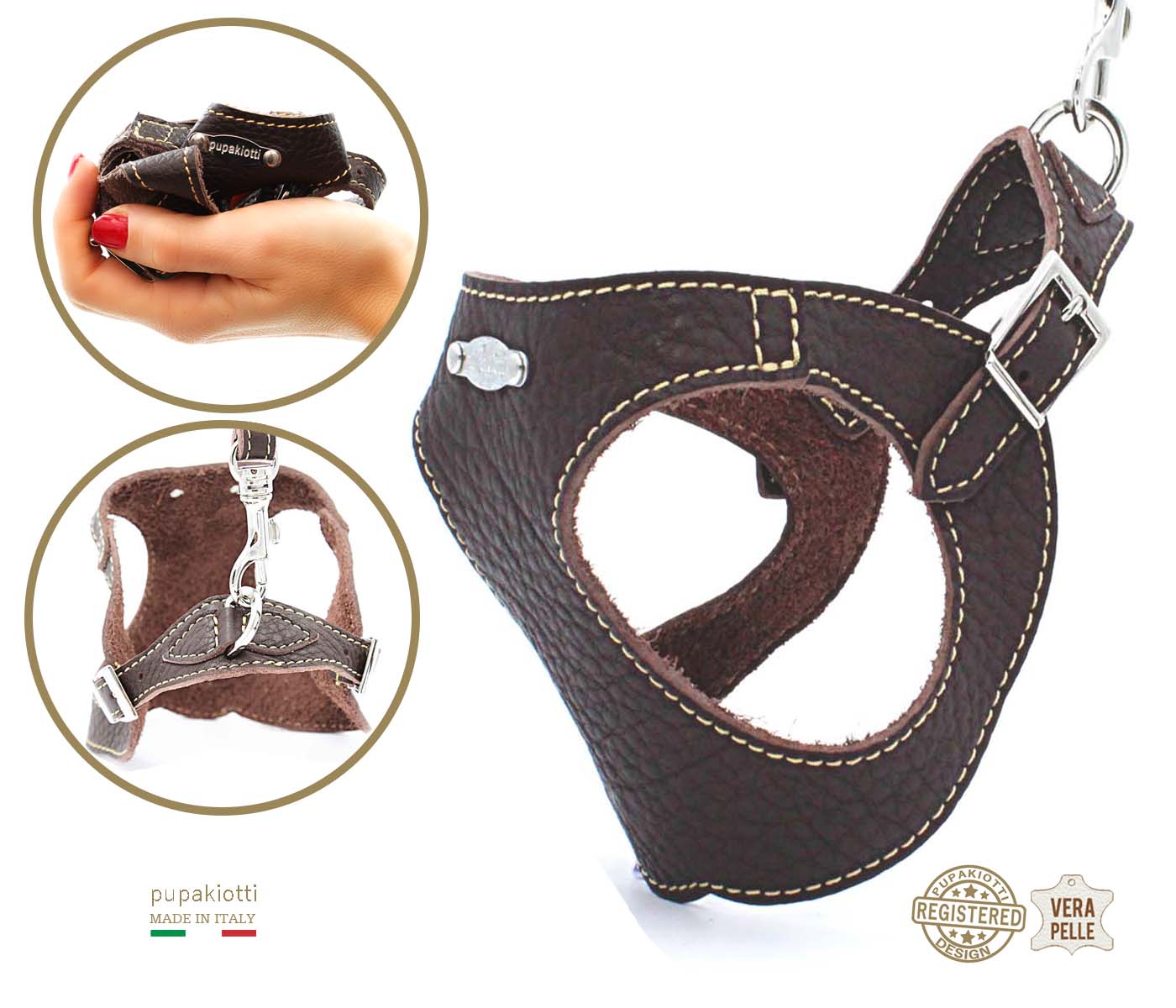 Basic. Set 3 pcs. Leather harness and leash with waste bags dispenser