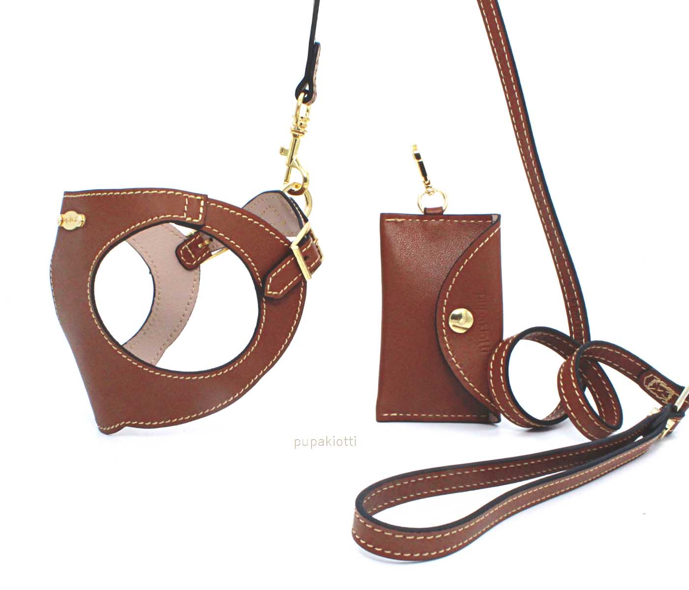 PREMIUM. SET 3 pieces. Leather harness and leash with poop bags dispenser for dog