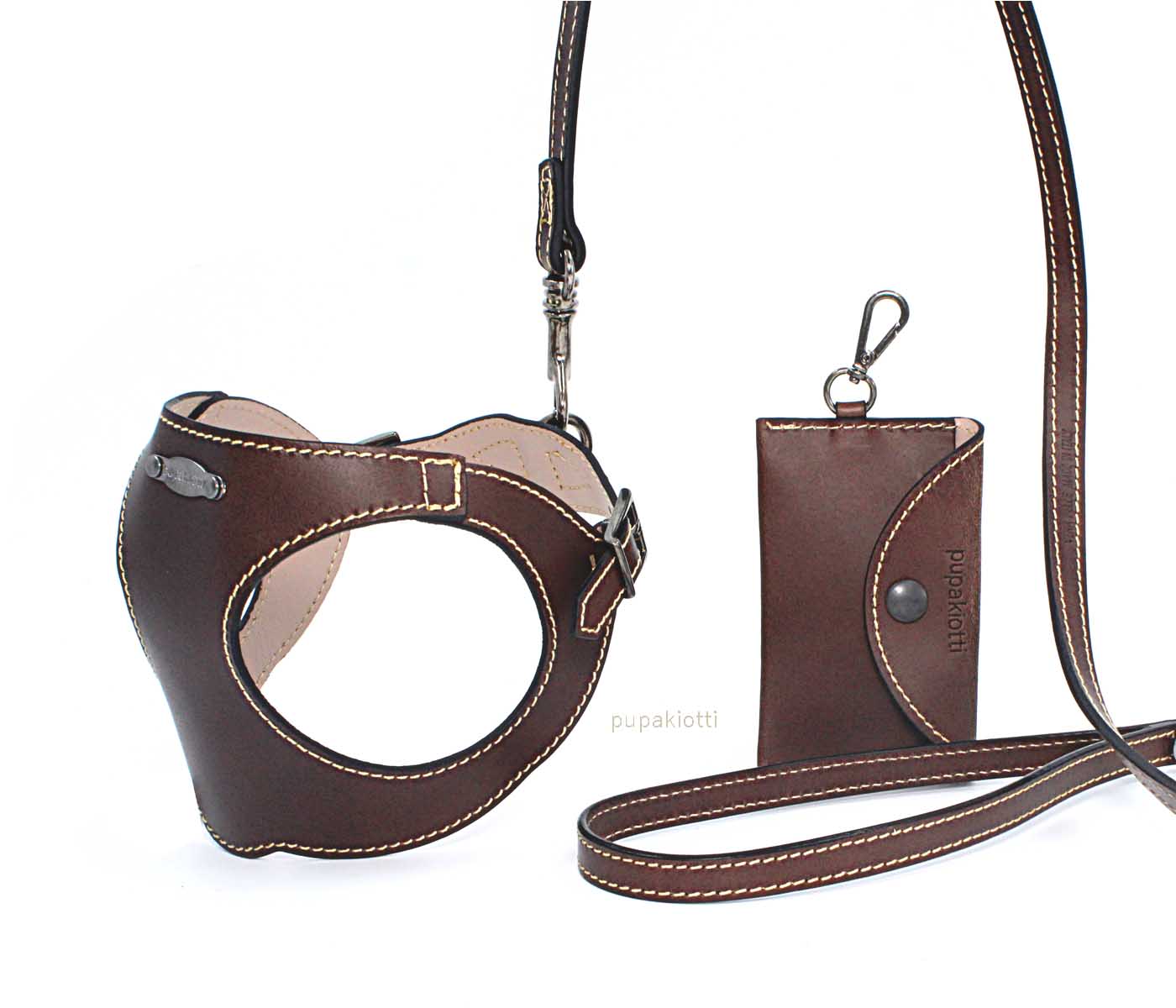 PREMIUM. SET 3 pieces. Leather harness and leash with poop bags dispenser for dog