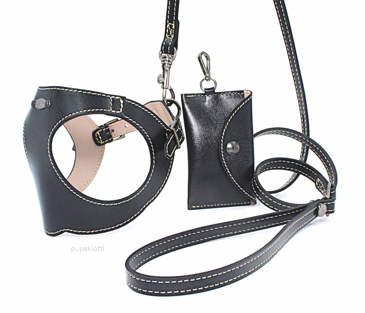 PREMIUM. SET 3 pieces. Leather harness and leash with poop bags dispenser for dog