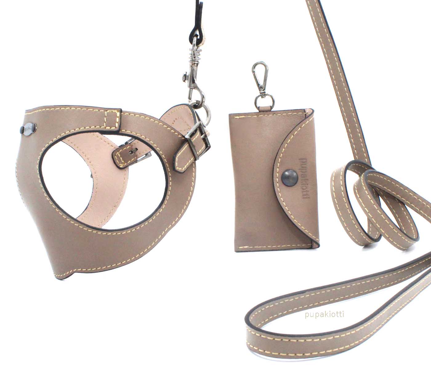 PREMIUM. SET 3 pieces. Leather harness and leash with poop bags dispenser for dog