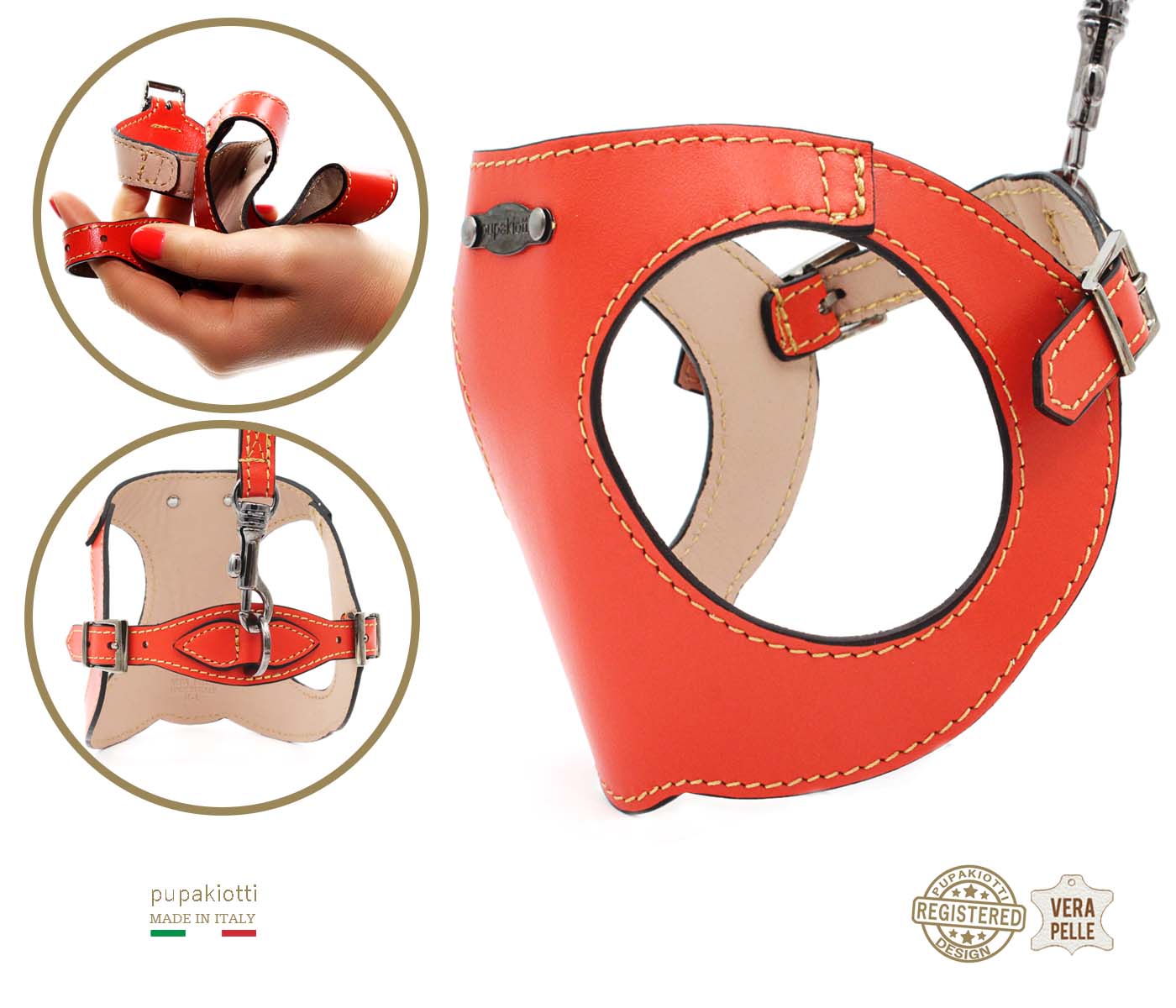 PREMIUM. SET 3 pieces. Leather harness and leash with poop bags dispenser for dog