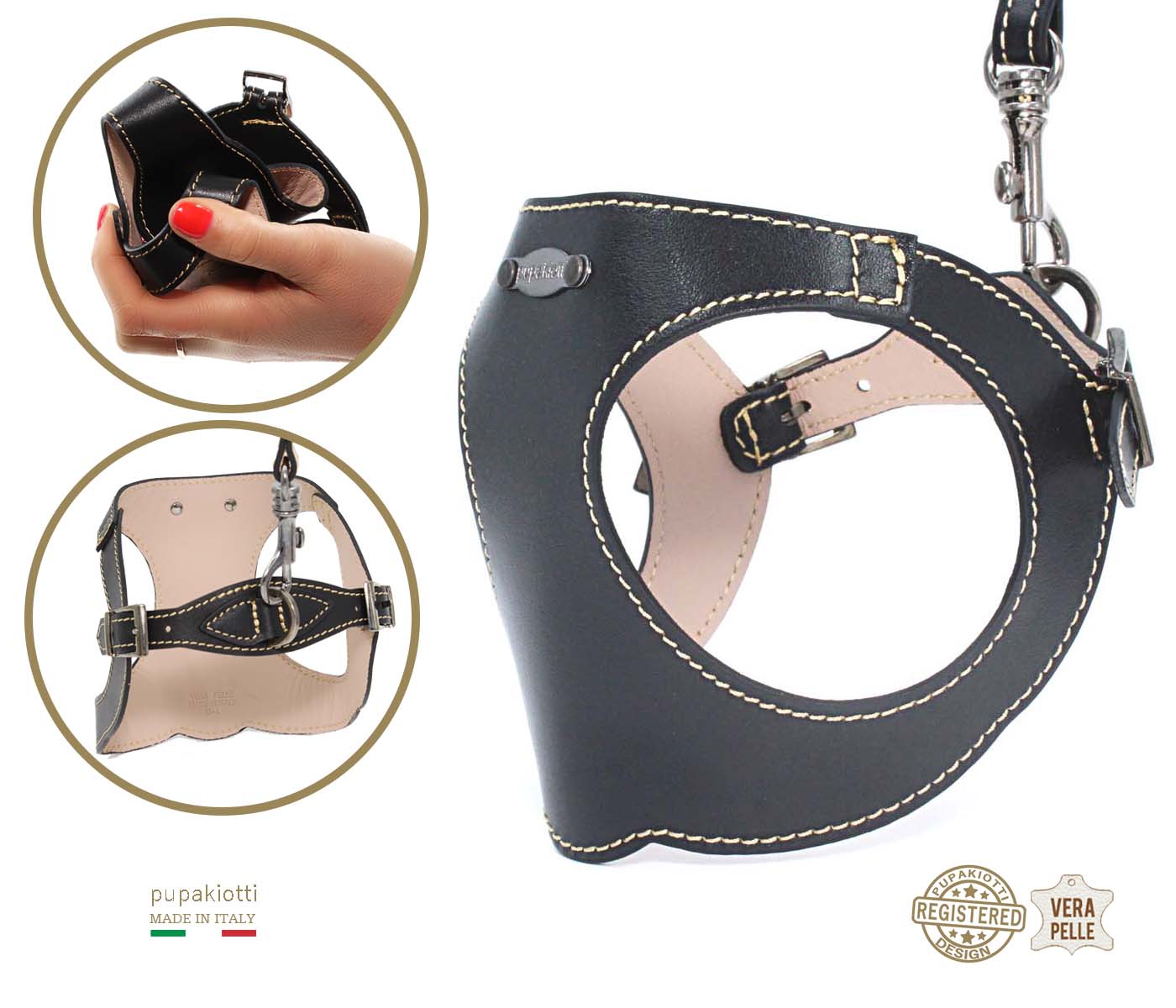 PREMIUM. SET 3 pieces. Leather harness and leash with poop bags dispenser for dog