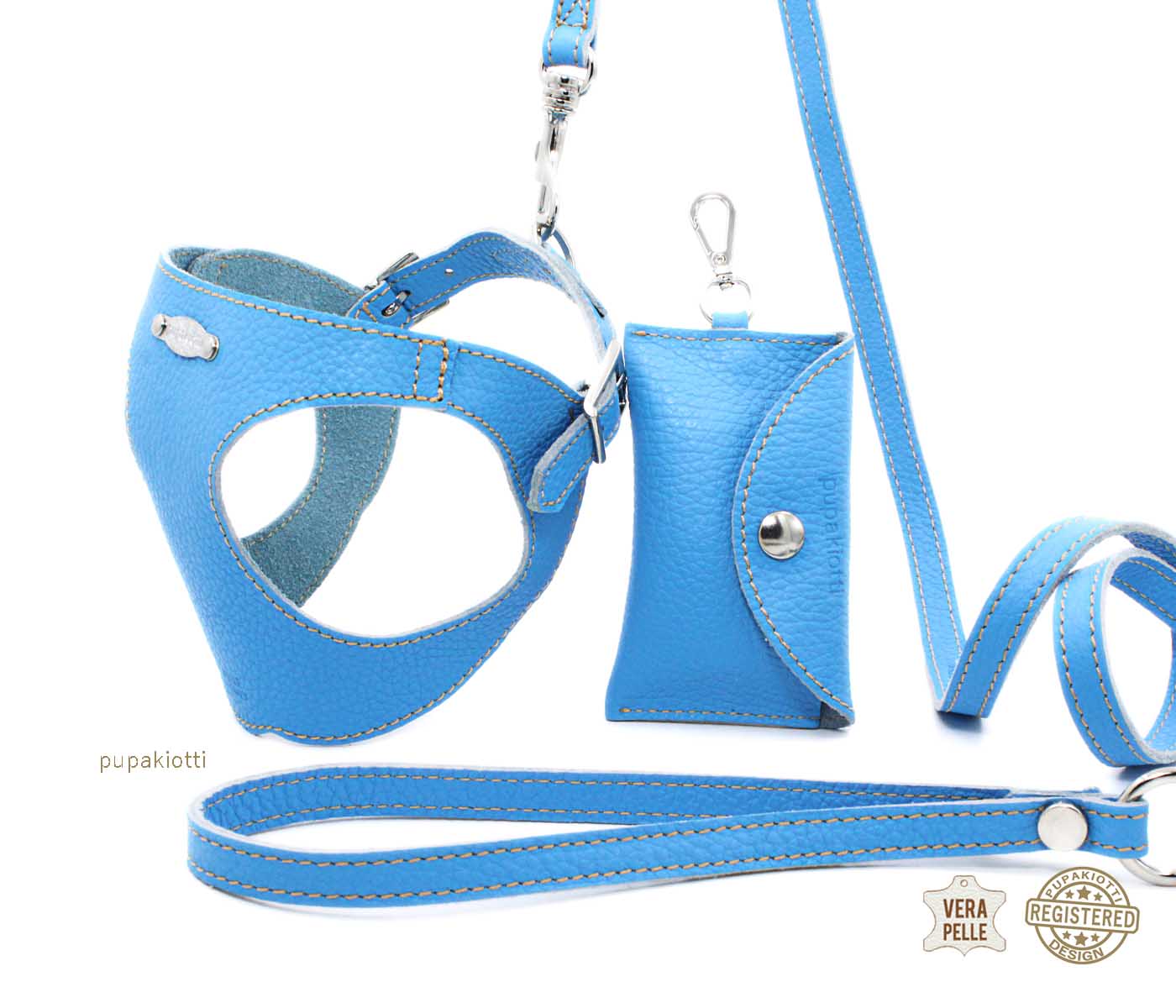 Basic. Set 3 pcs. Leather harness and leash with waste bags dispenser