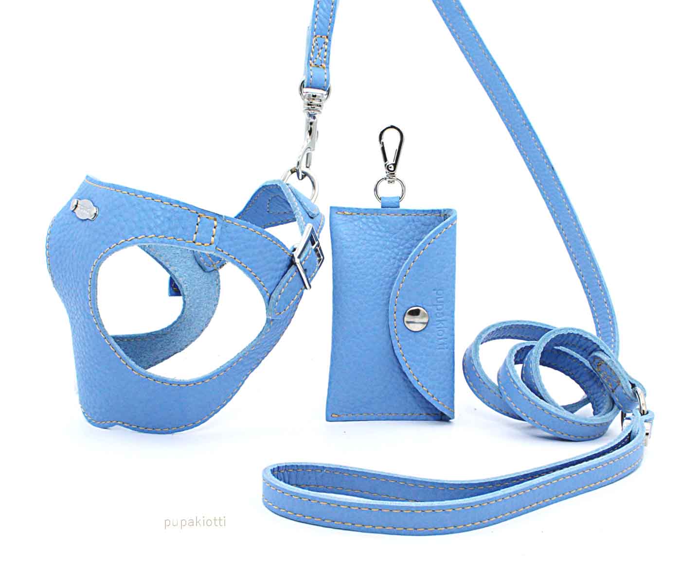 Basic. Set 3 pcs. Leather harness and leash with waste bags dispenser