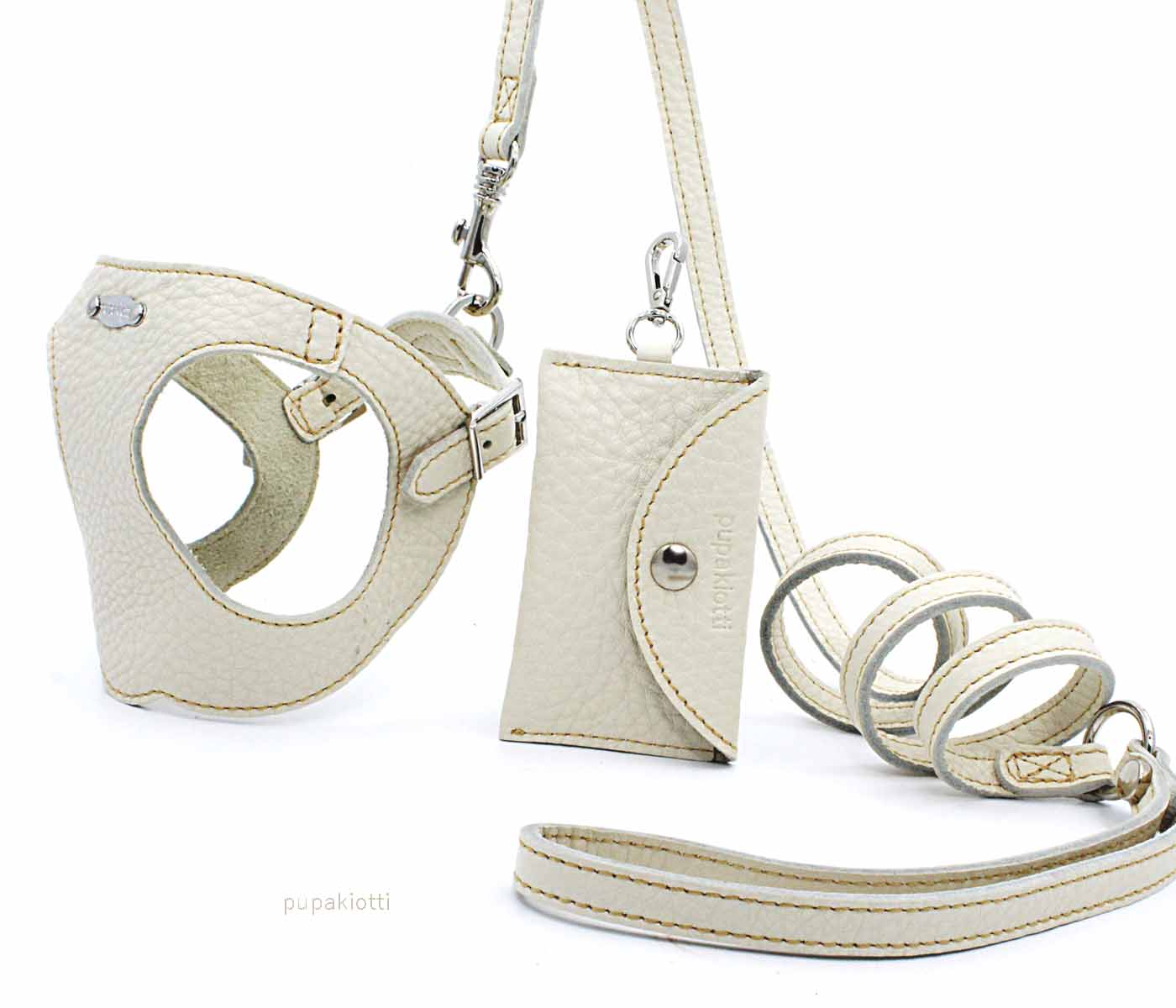 Basic. Set 3 pcs. Leather harness and leash with waste bags dispenser