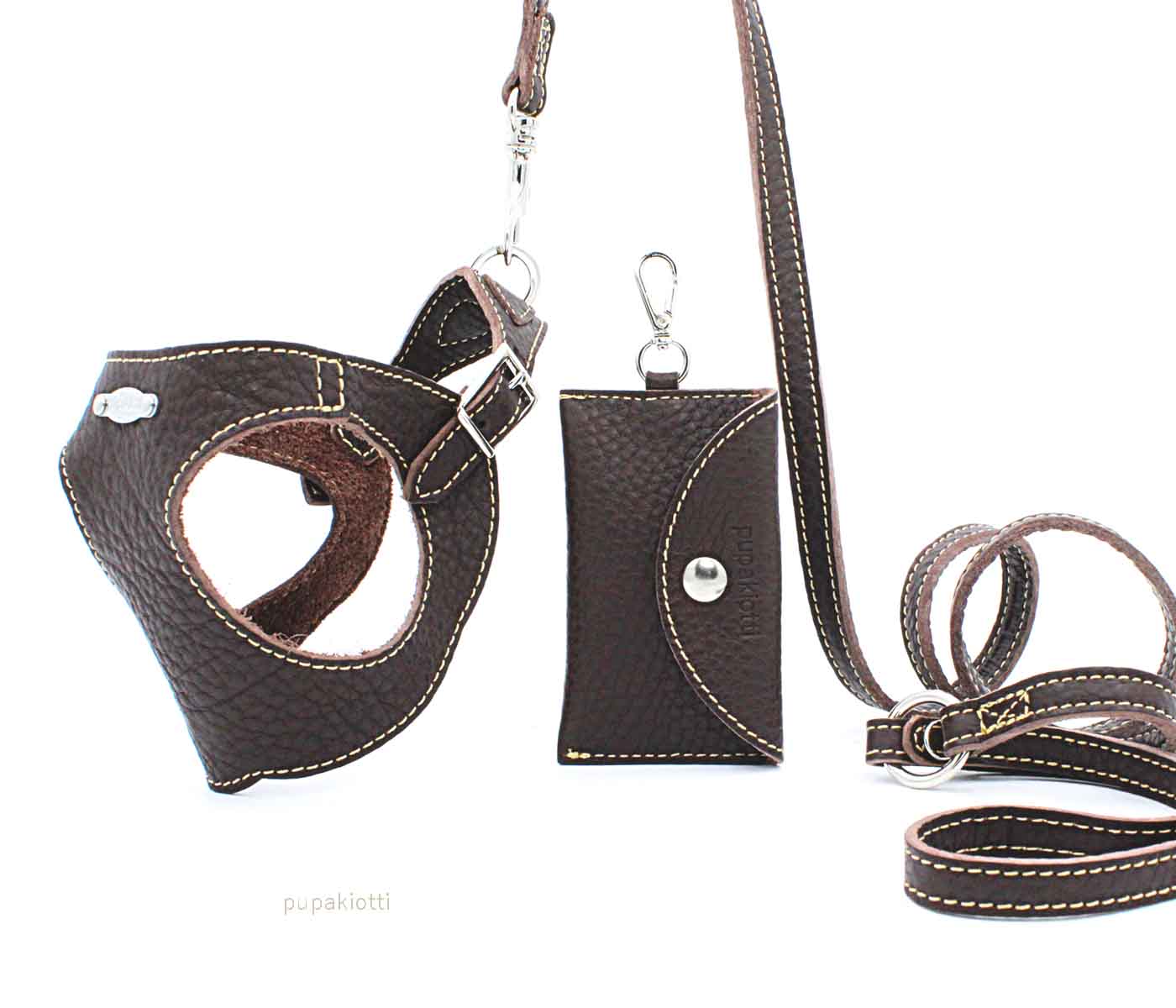 Basic. Set 3 pcs. Leather harness and leash with waste bags dispenser