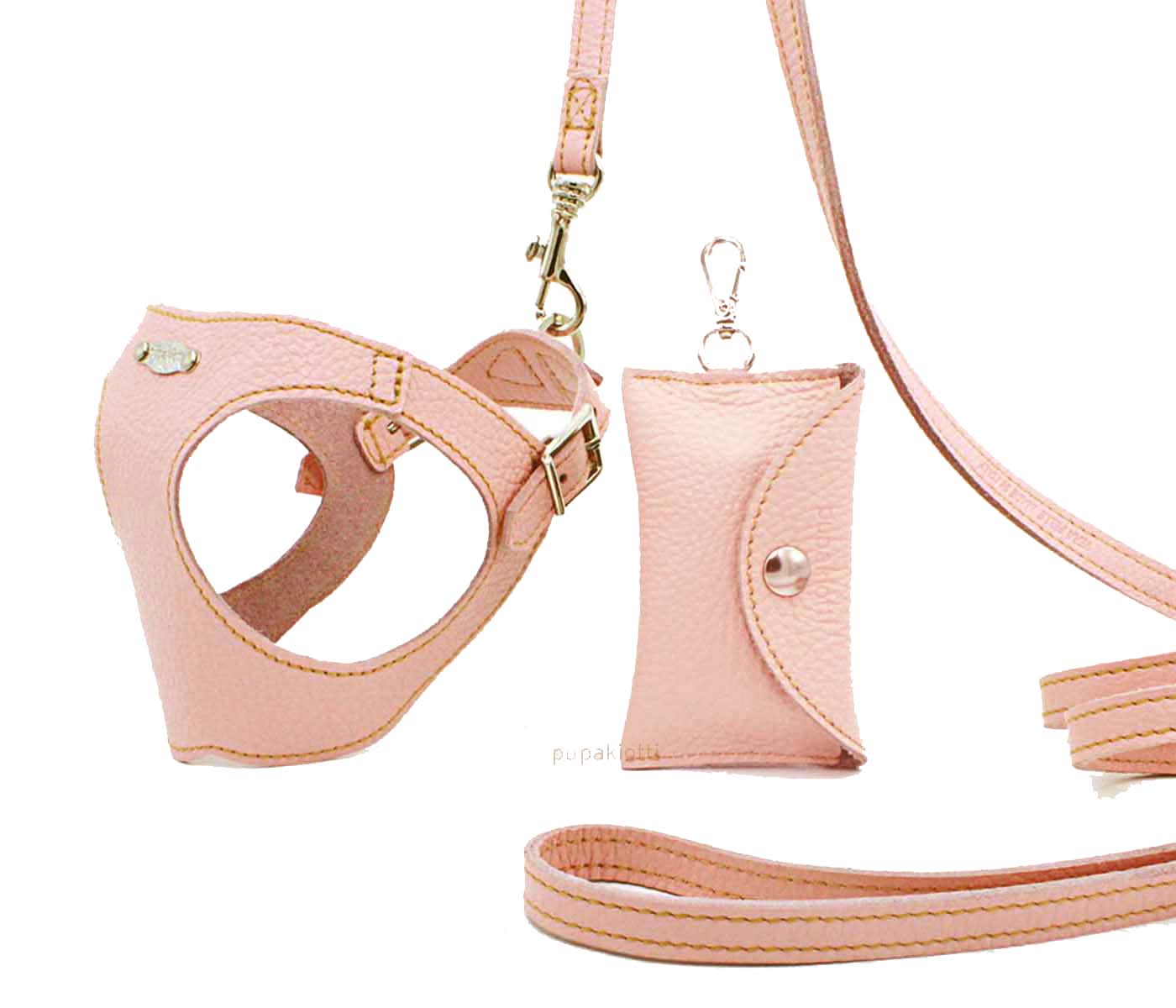 Basic. Set 3 pezzi. Pettorina e guinzaglio con porta sacchetti in pelle per cane