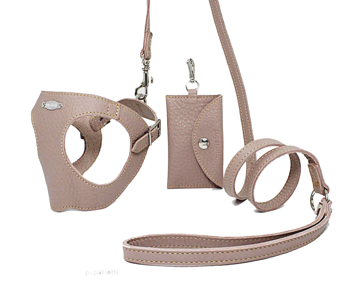 Basic. Set 3 pcs. Leather harness and leash with waste bags dispenser