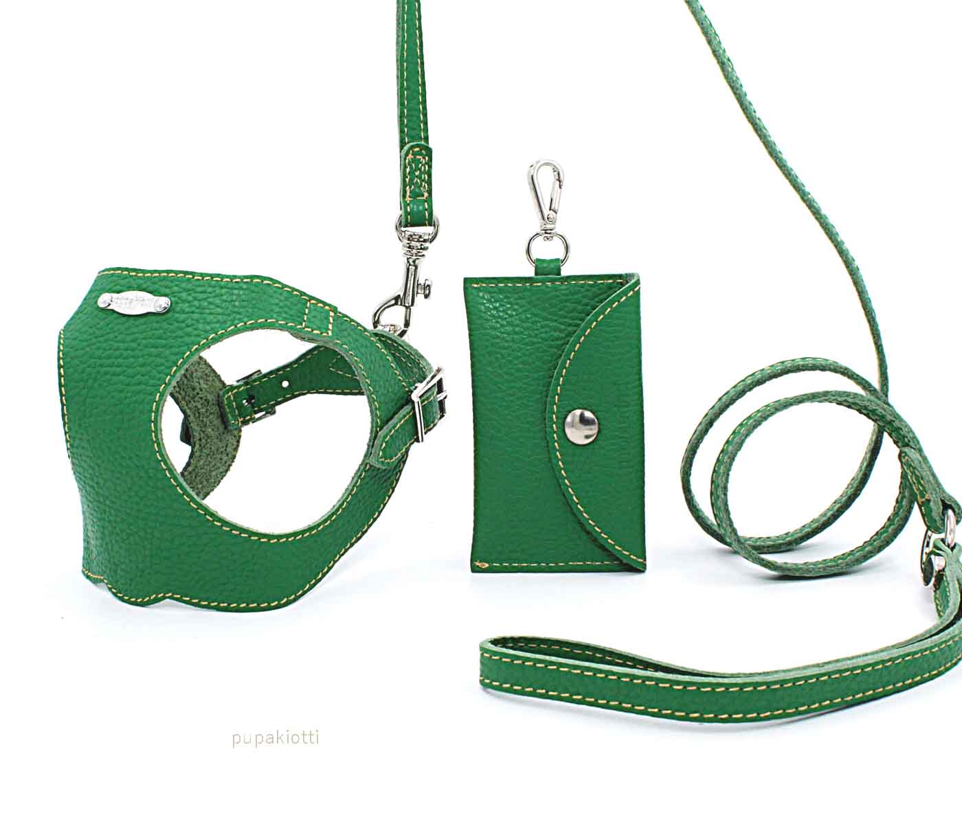 Basic. Set 3 pcs. Leather harness and leash with waste bags dispenser