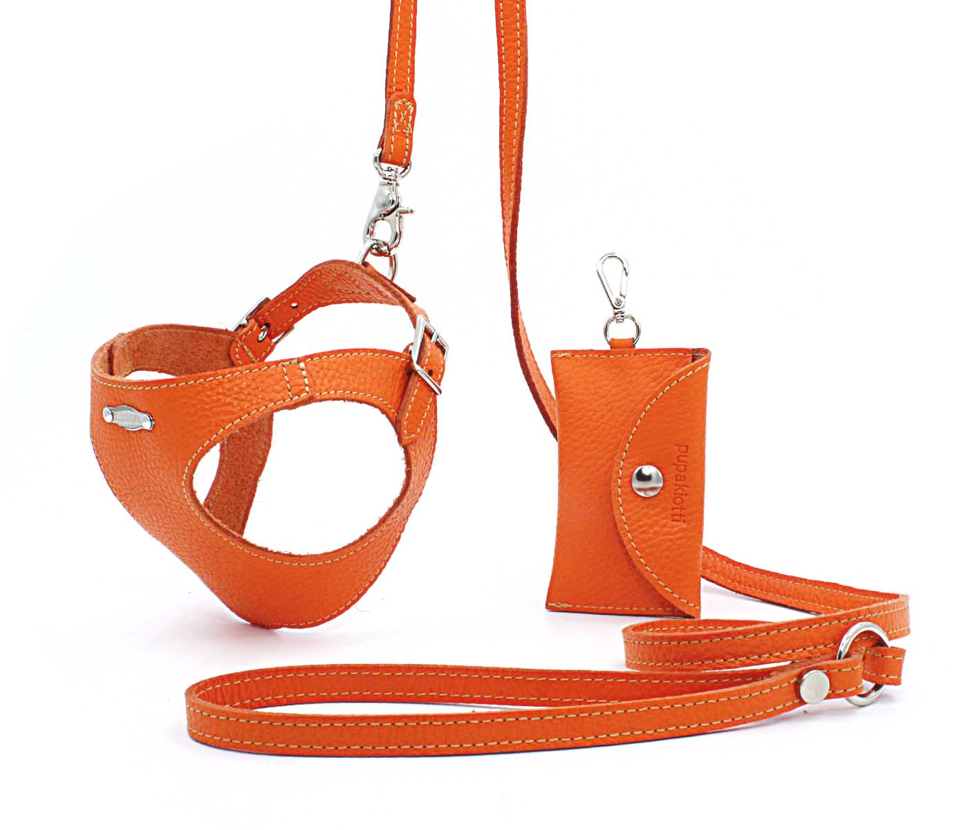 Basic. Set 3 pcs. Leather harness and leash with waste bags dispenser