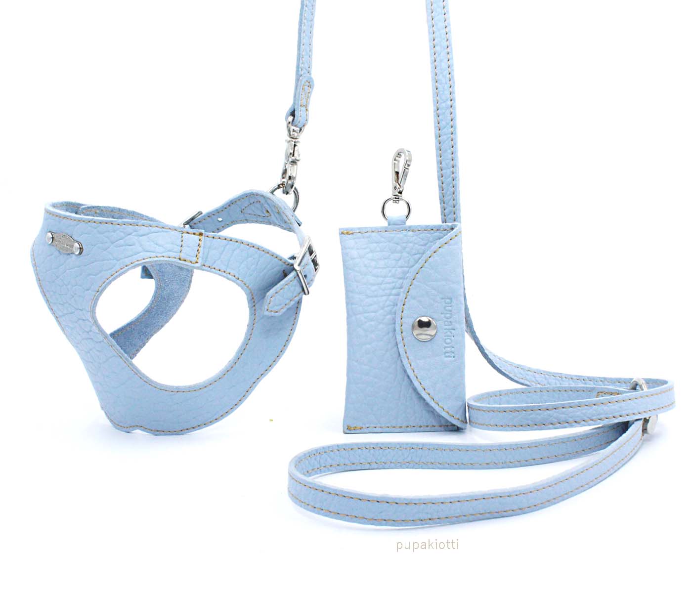 Basic. Set 3 pcs. Leather harness and leash with waste bags dispenser