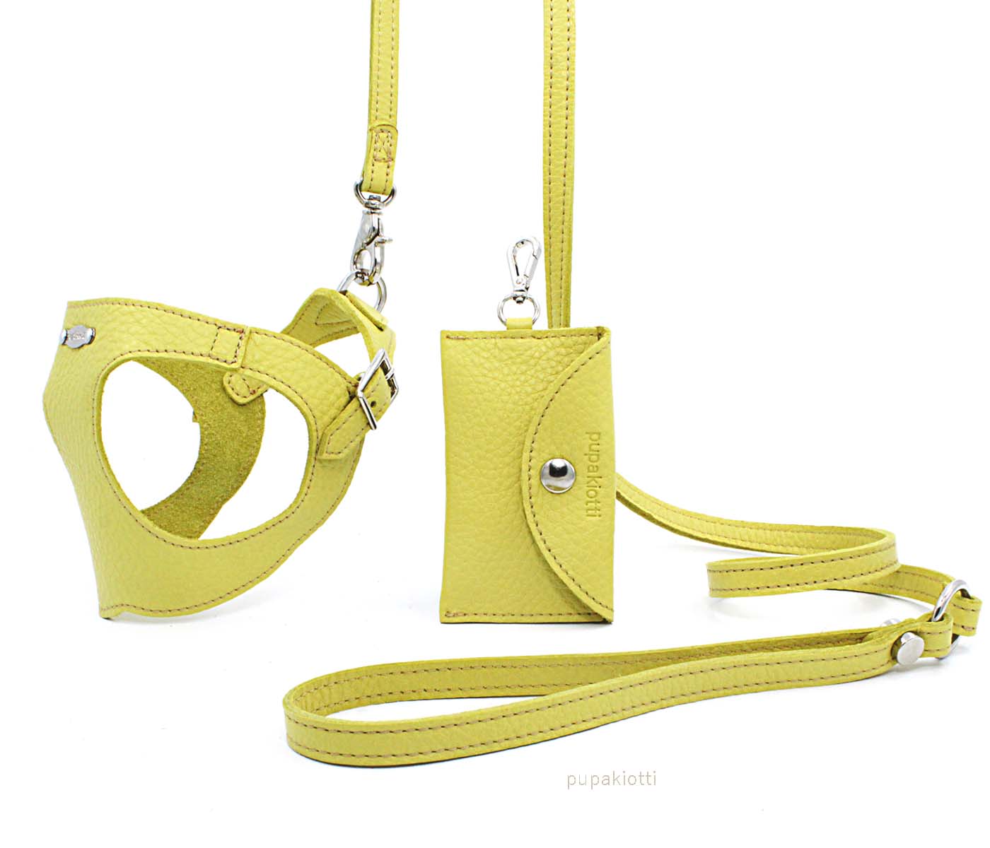 Basic. Set 3 pcs. Leather harness and leash with waste bags dispenser