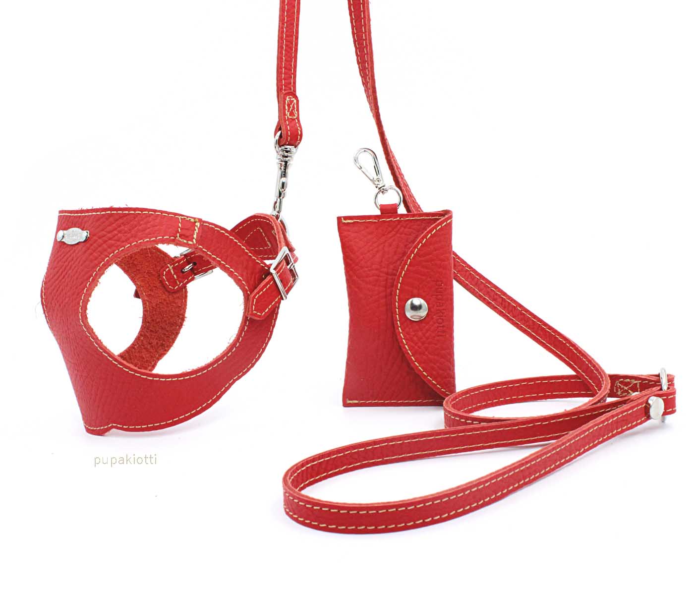 Basic. Set 3 pcs. Leather harness and leash with waste bags dispenser