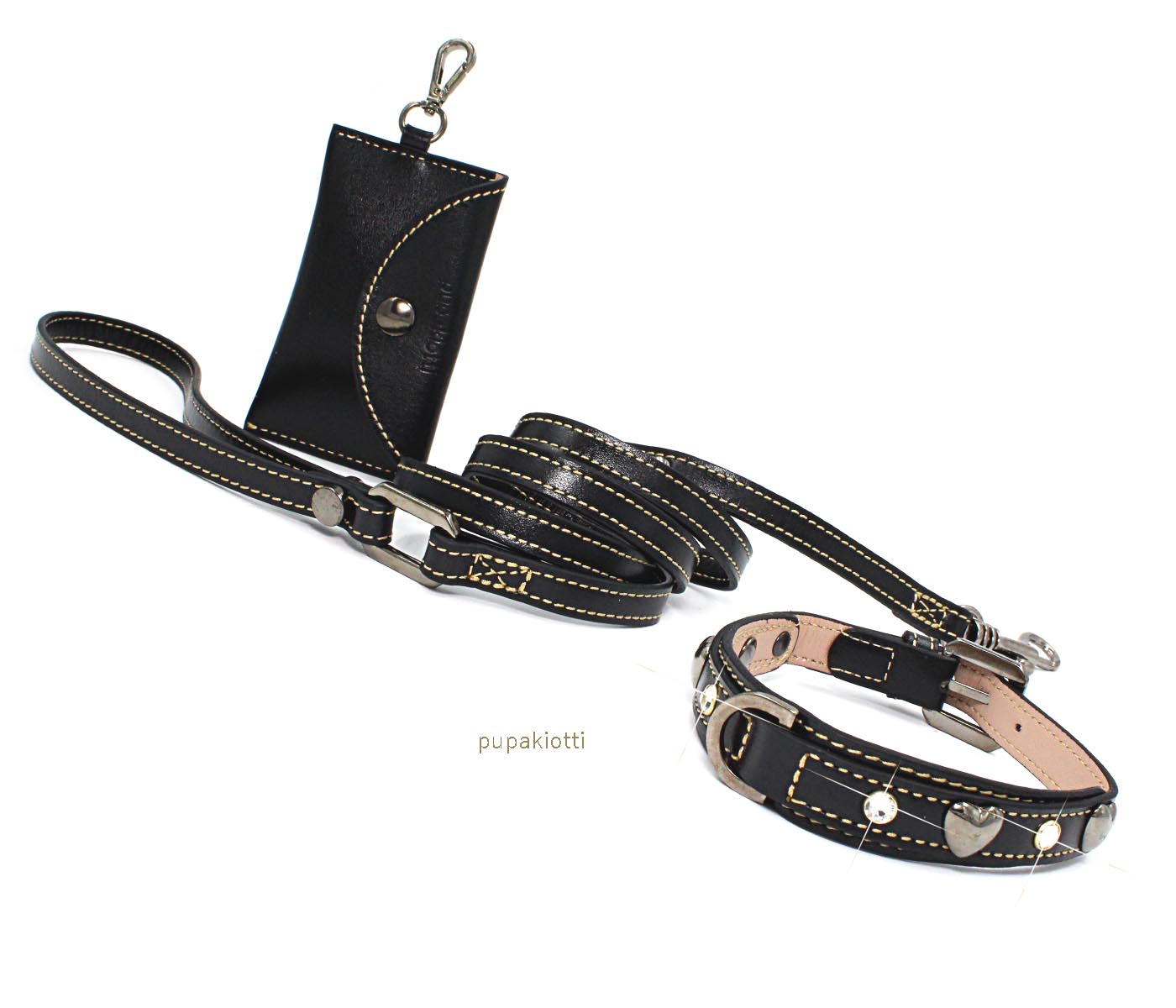 Premium. Set Studs Leather Collar and leash with poop bags dispenser for dog