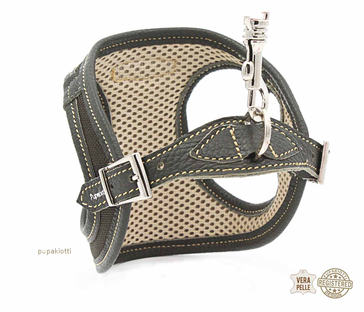 Contemporary. Pettorina ergonomica e regolabile in tessuto tecnico e vera pelle per cane