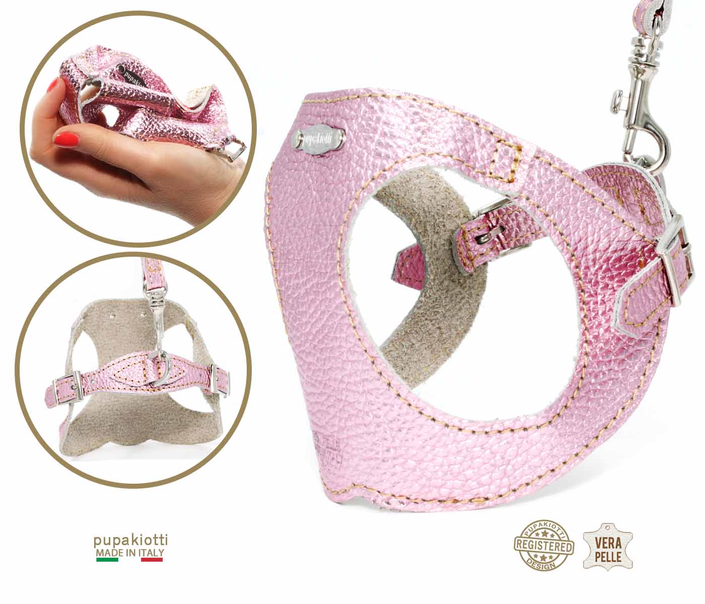 GLAM. 3-piece set. Harness and leash with bag holder in leather for dog