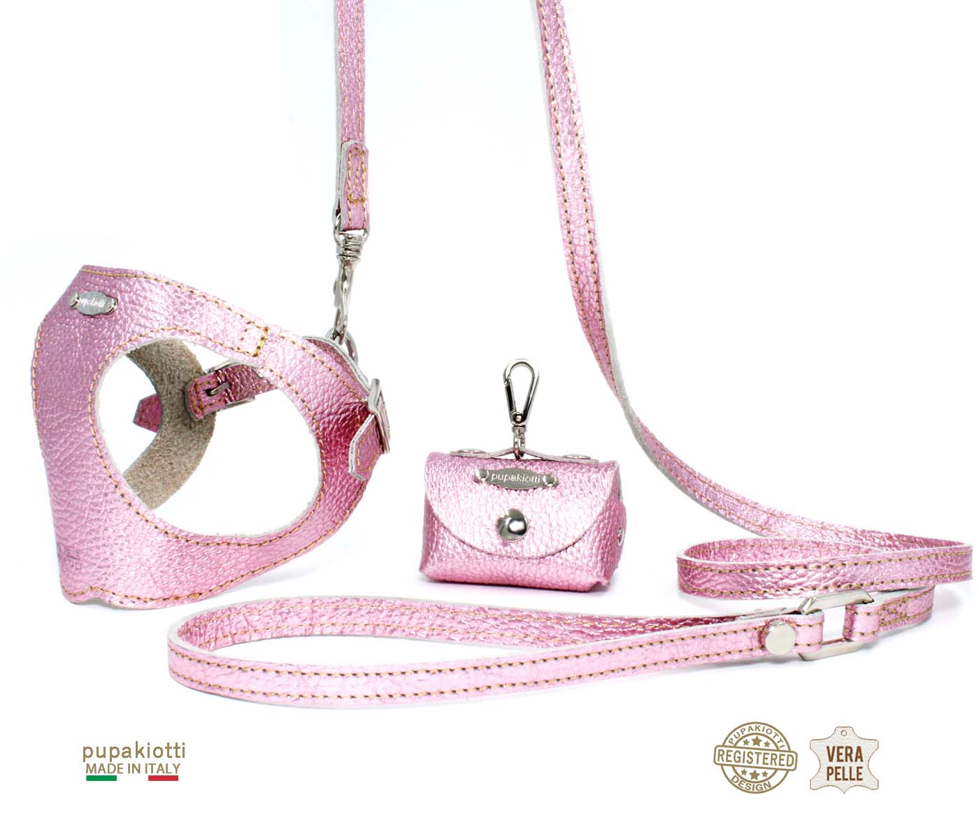 GLAM. 3-piece set. Harness and leash with bag holder in leather for dog