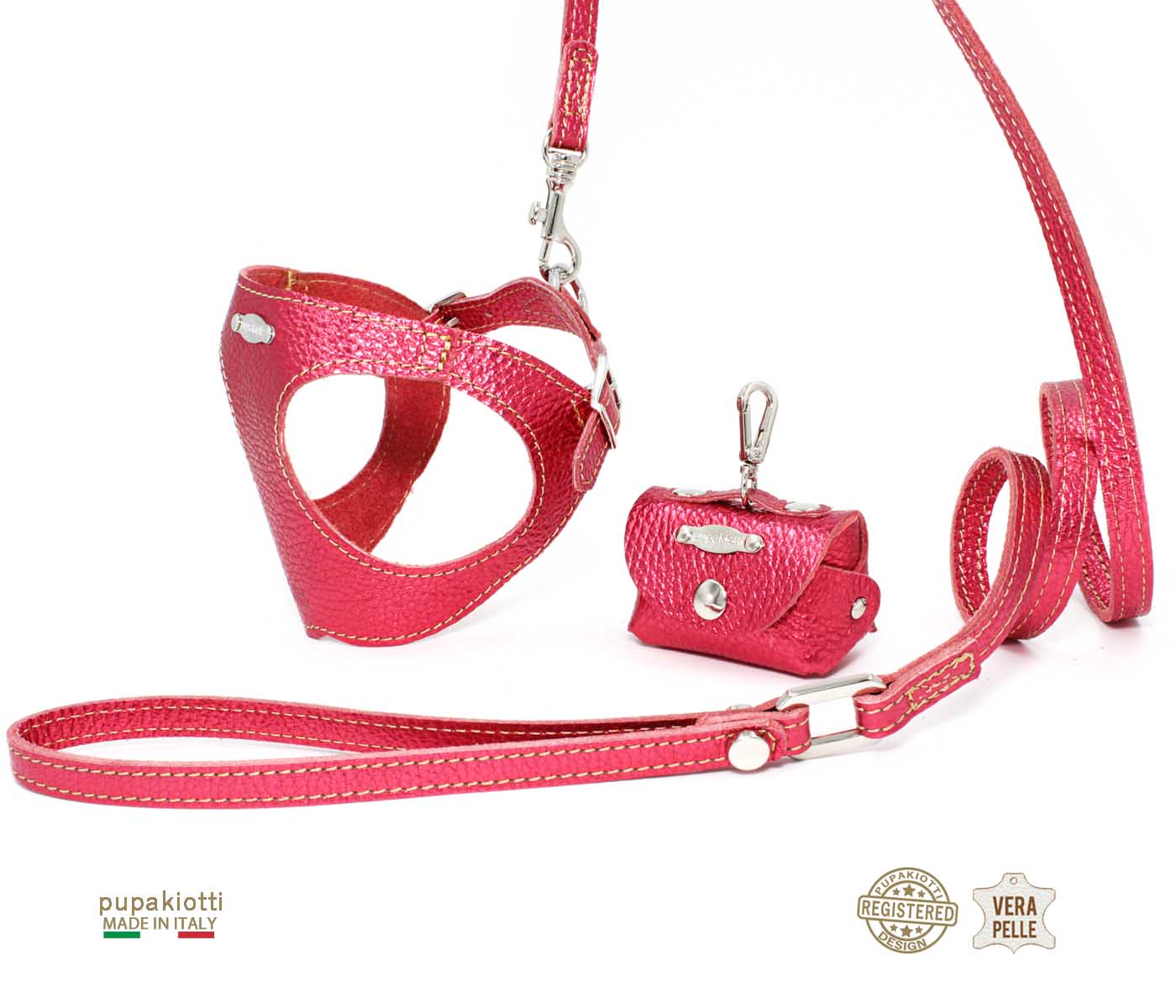 GLAM. 3-piece set. Harness and leash with bag holder in leather for dog