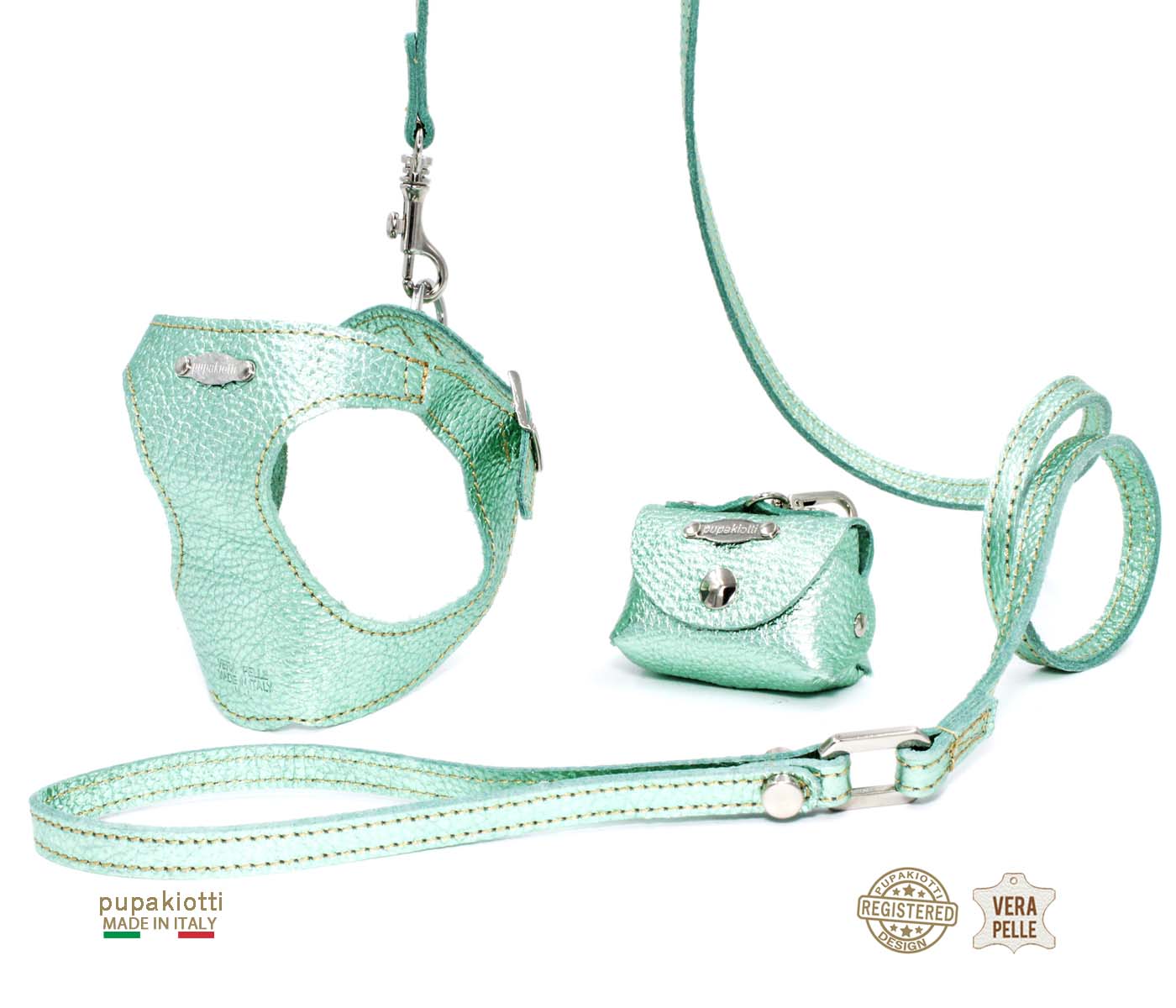 GLAM. 3-piece set. Harness and leash with bag holder in leather for dog