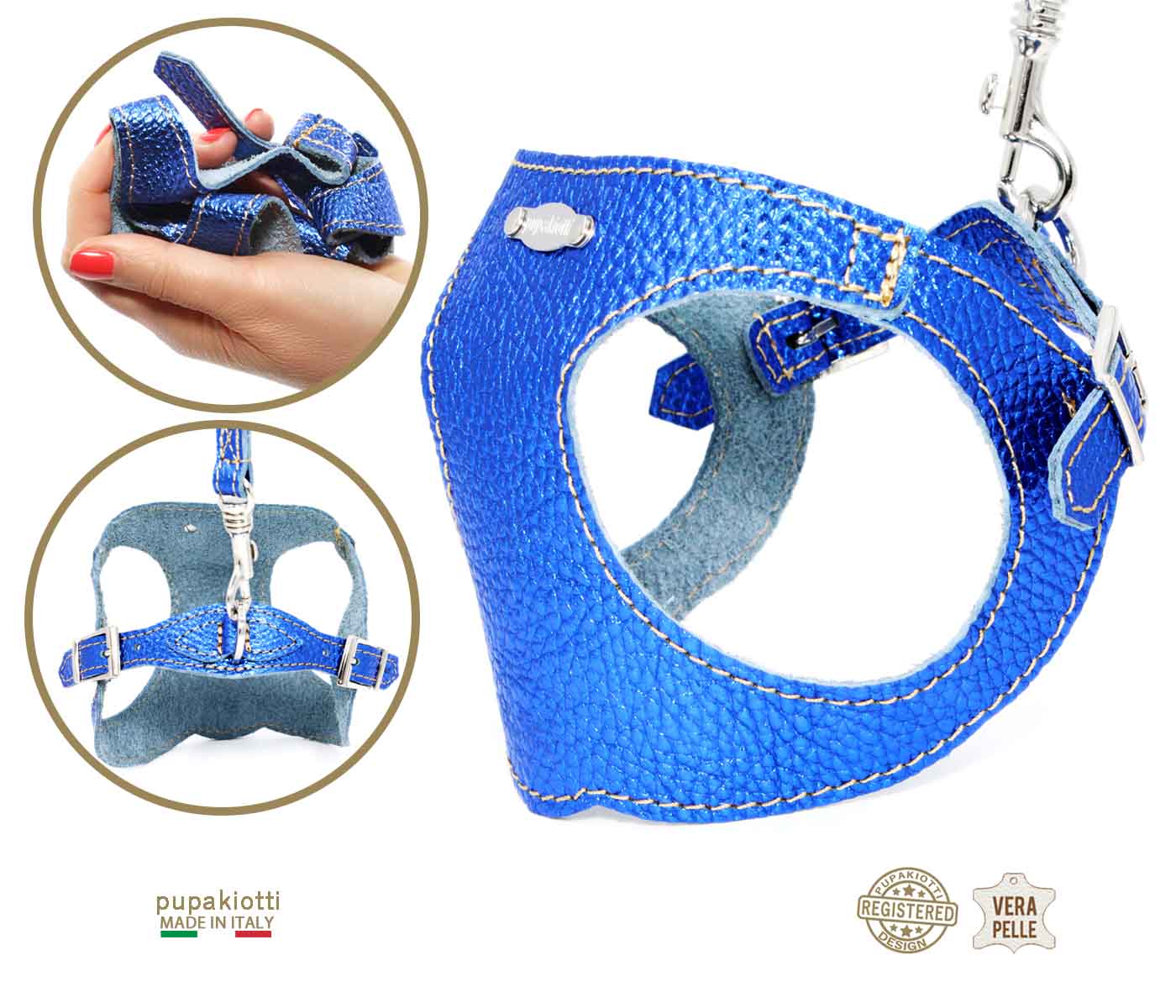 GLAM. 3-piece set. Harness and leash with bag holder in leather for dog