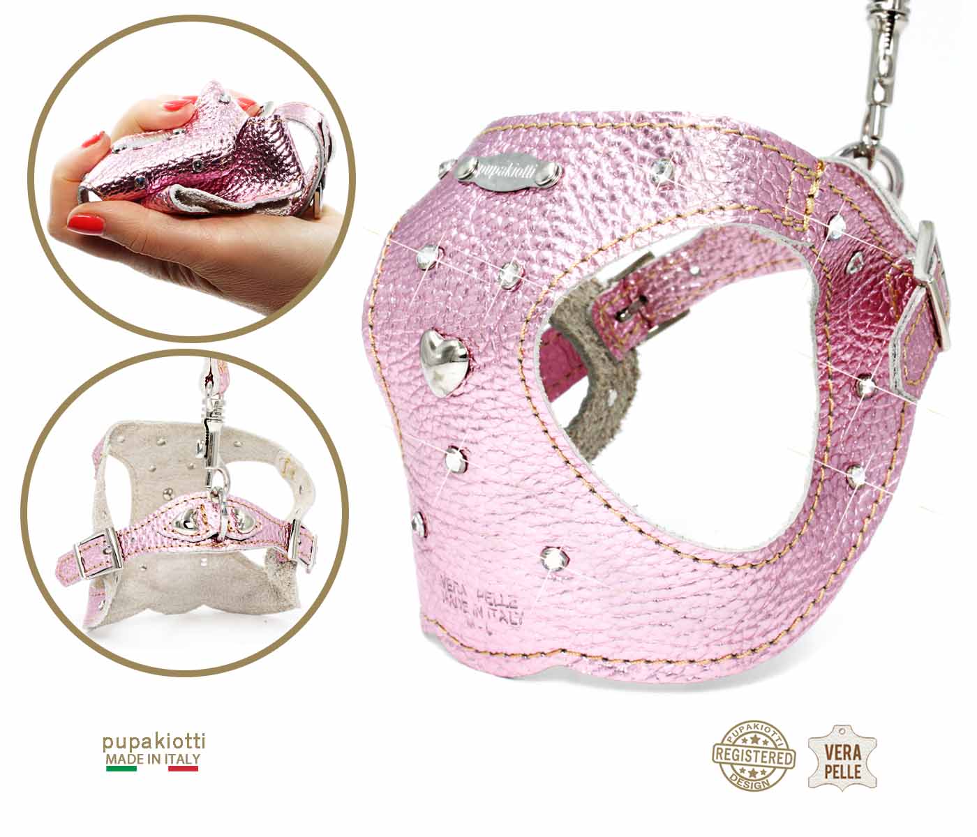 GLAM Swarovski. 3-piece set. Harness and leash with bag holder in leather for dog