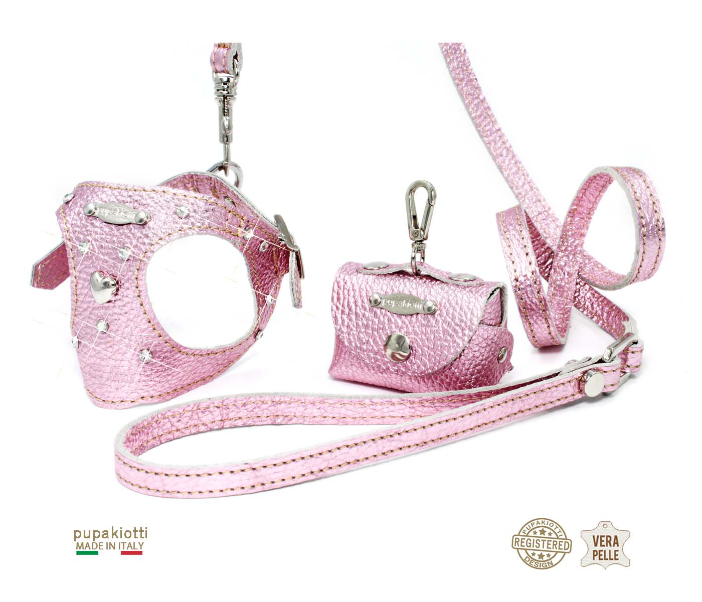 GLAM Swarovski. 3-piece set. Harness and leash with bag holder in leather for dog