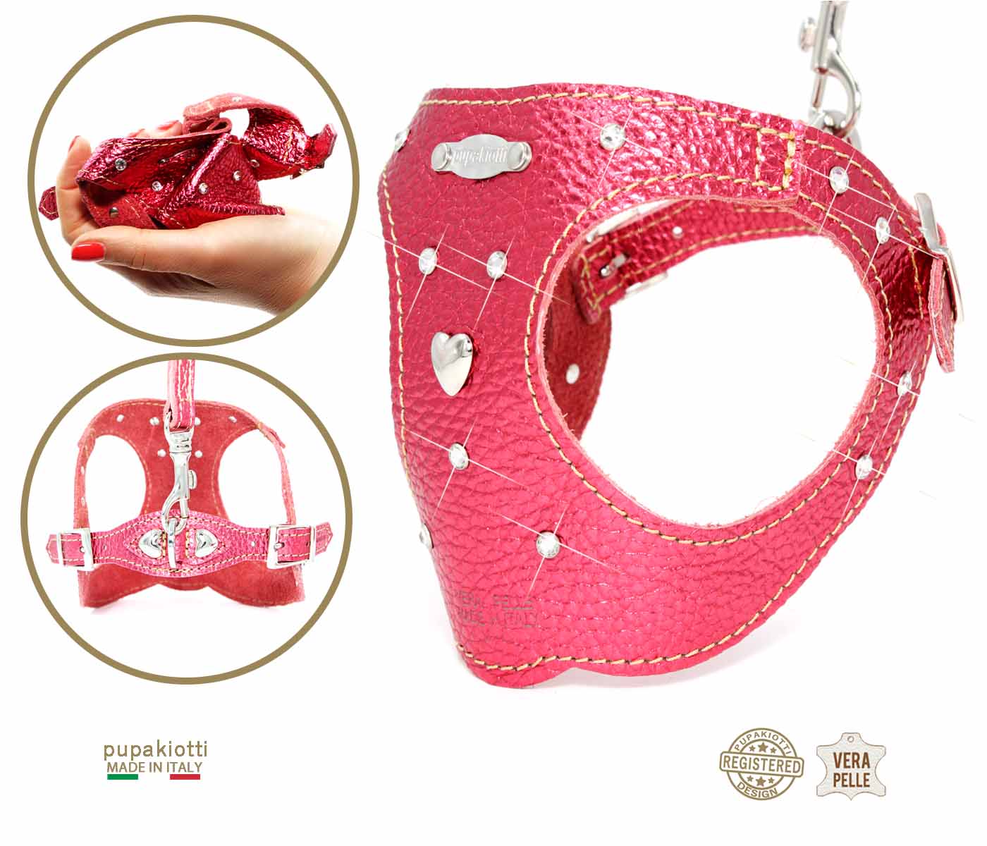 GLAM Swarovski. 3-piece set. Harness and leash with bag holder in leather for dog