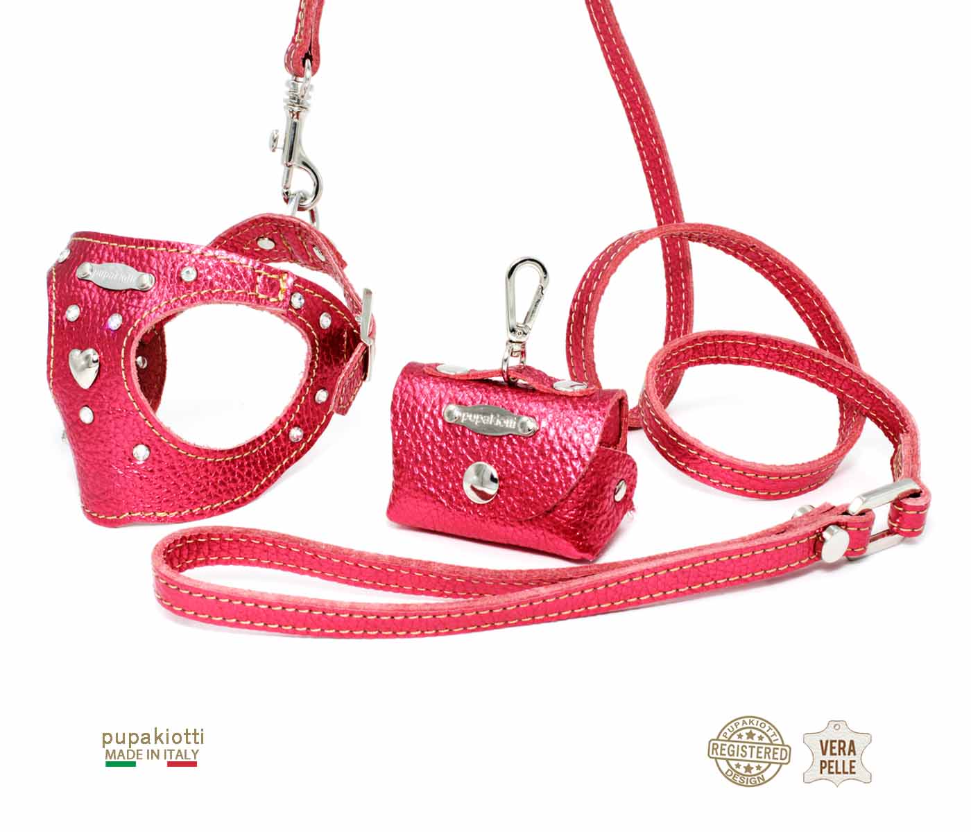 GLAM Swarovski. 3-piece set. Harness and leash with bag holder in leather for dog