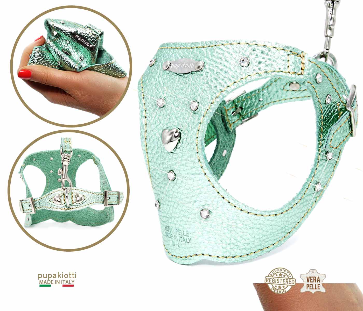 GLAM Swarovski. 3-piece set. Harness and leash with bag holder in leather for dog