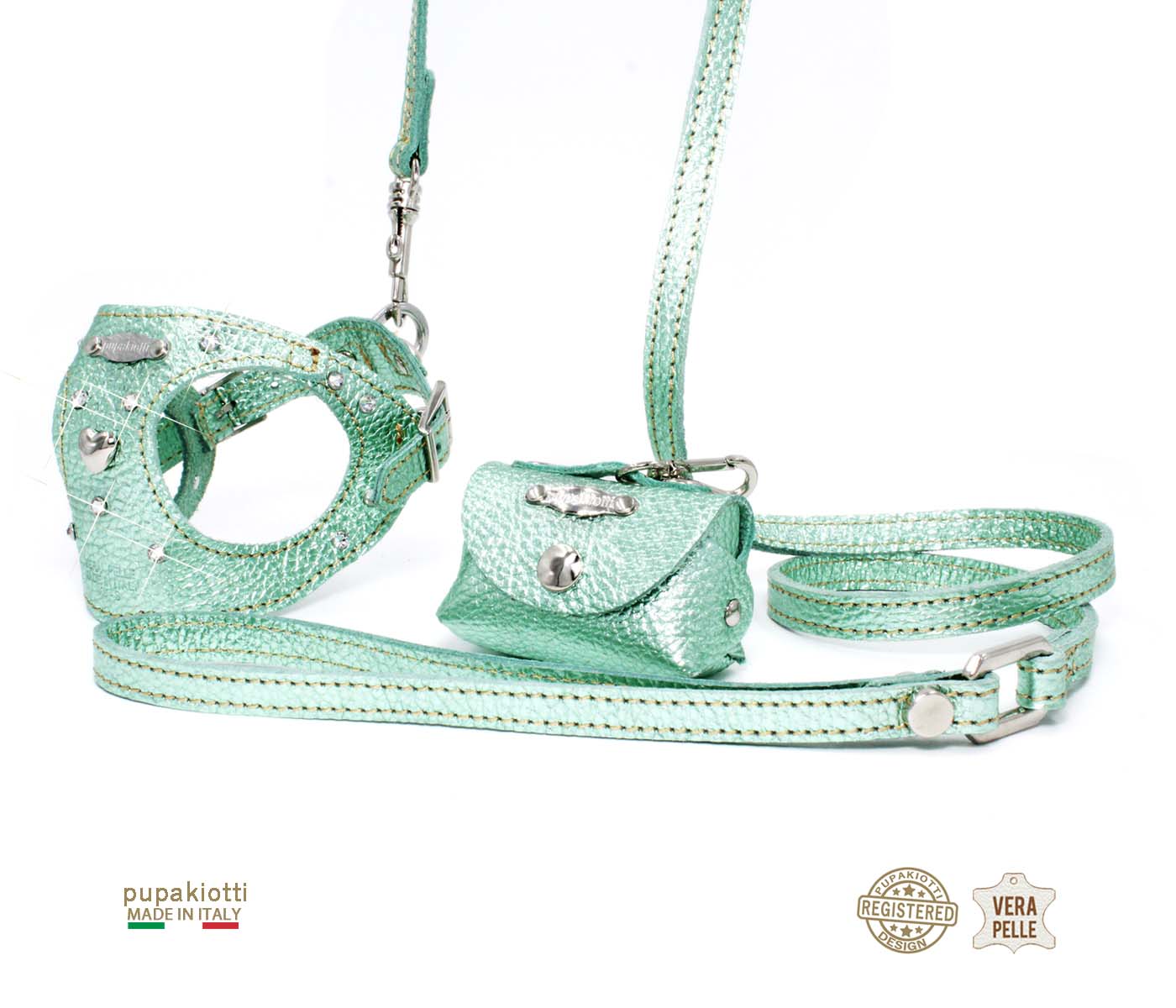 GLAM Swarovski. 3-piece set. Harness and leash with bag holder in leather for dog