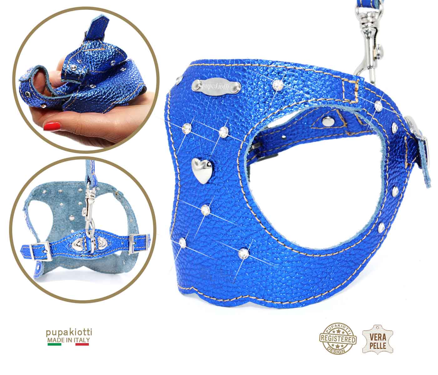 GLAM Swarovski. 3-piece set. Harness and leash with bag holder in leather for dog