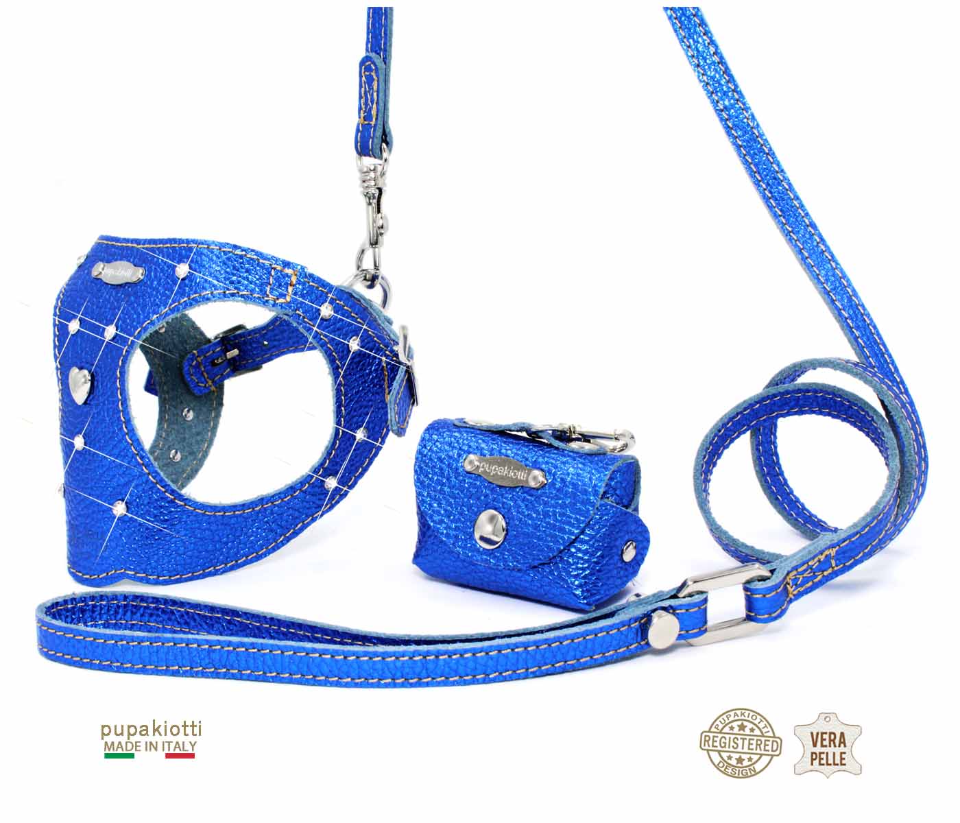 GLAM Swarovski. 3-piece set. Harness and leash with bag holder in leather for dog