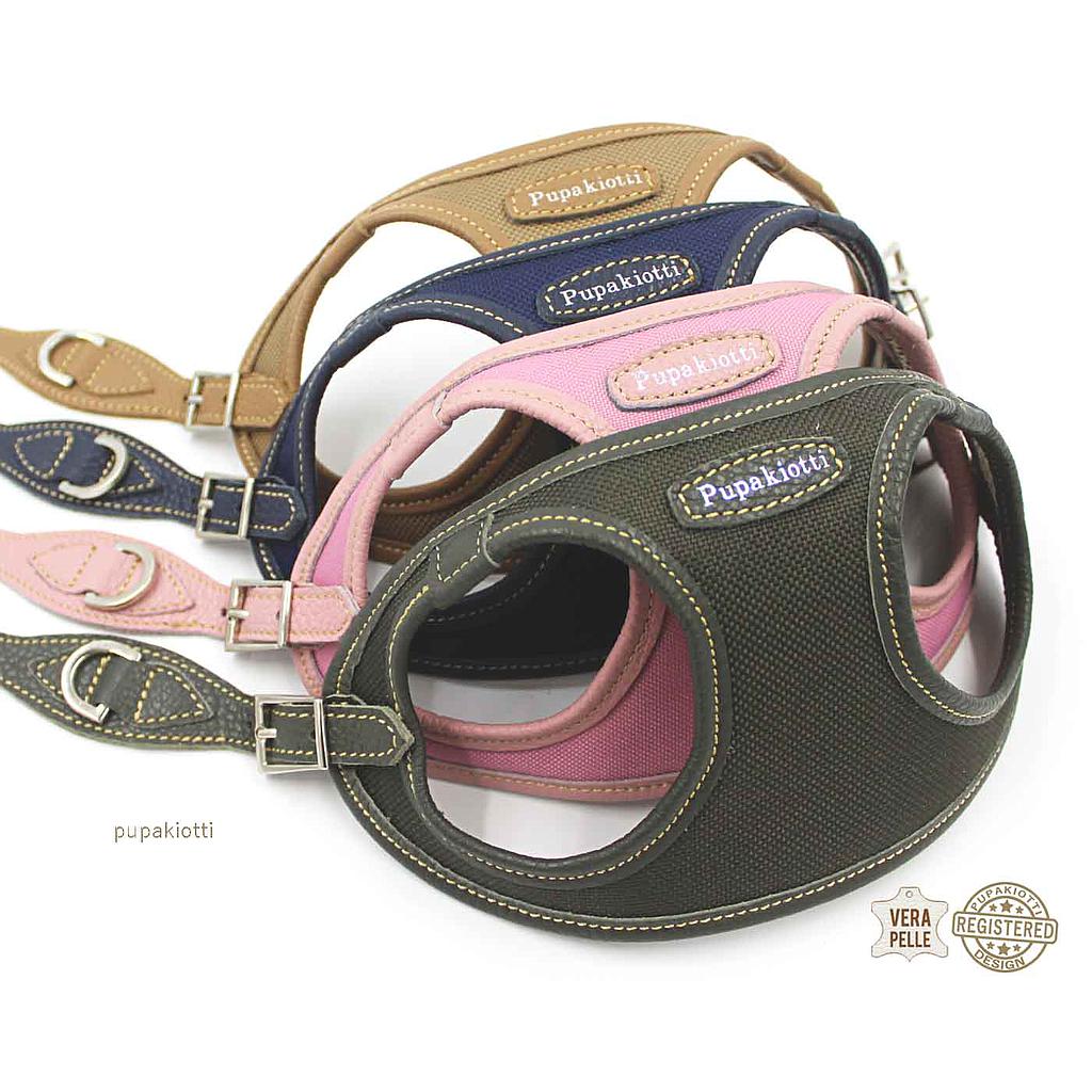 Contemporary. Pettorina ergonomica e regolabile in tessuto tecnico e vera pelle per cane
